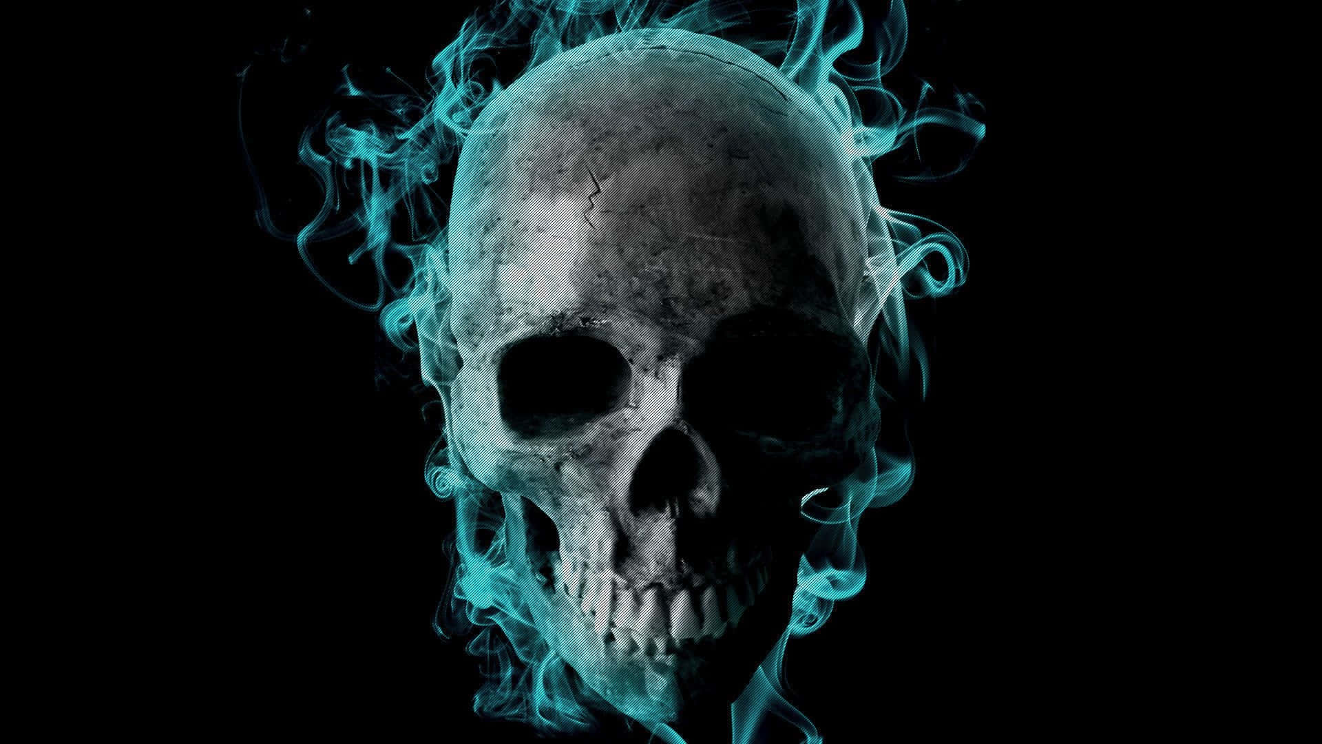 Awesome Skull 桌布 壁紙 — 一個破裂的頭顱在純黑背景上散發出發光的青色煙霧。
