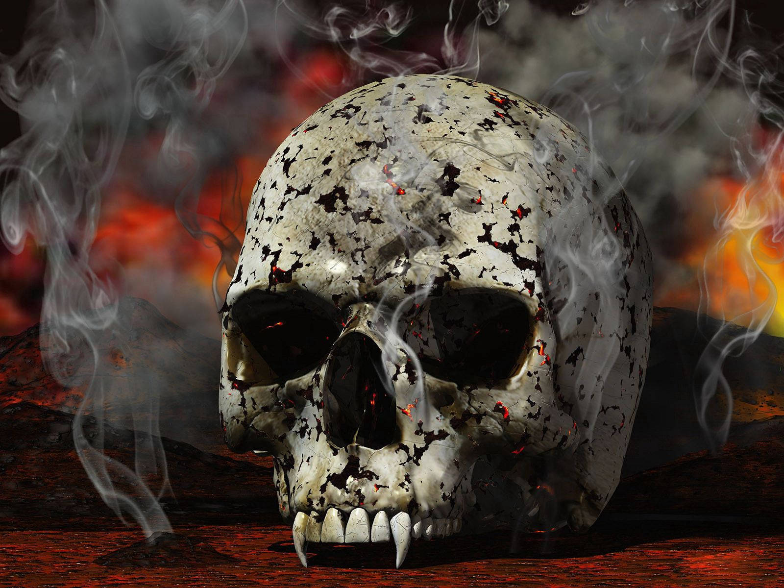 Red Skull 桌布 壁紙 — 一個破裂的頭骨，帶有發光的紅色眼睛和尖牙，在熾熱的火焰和旋轉的煙霧中冒煙。