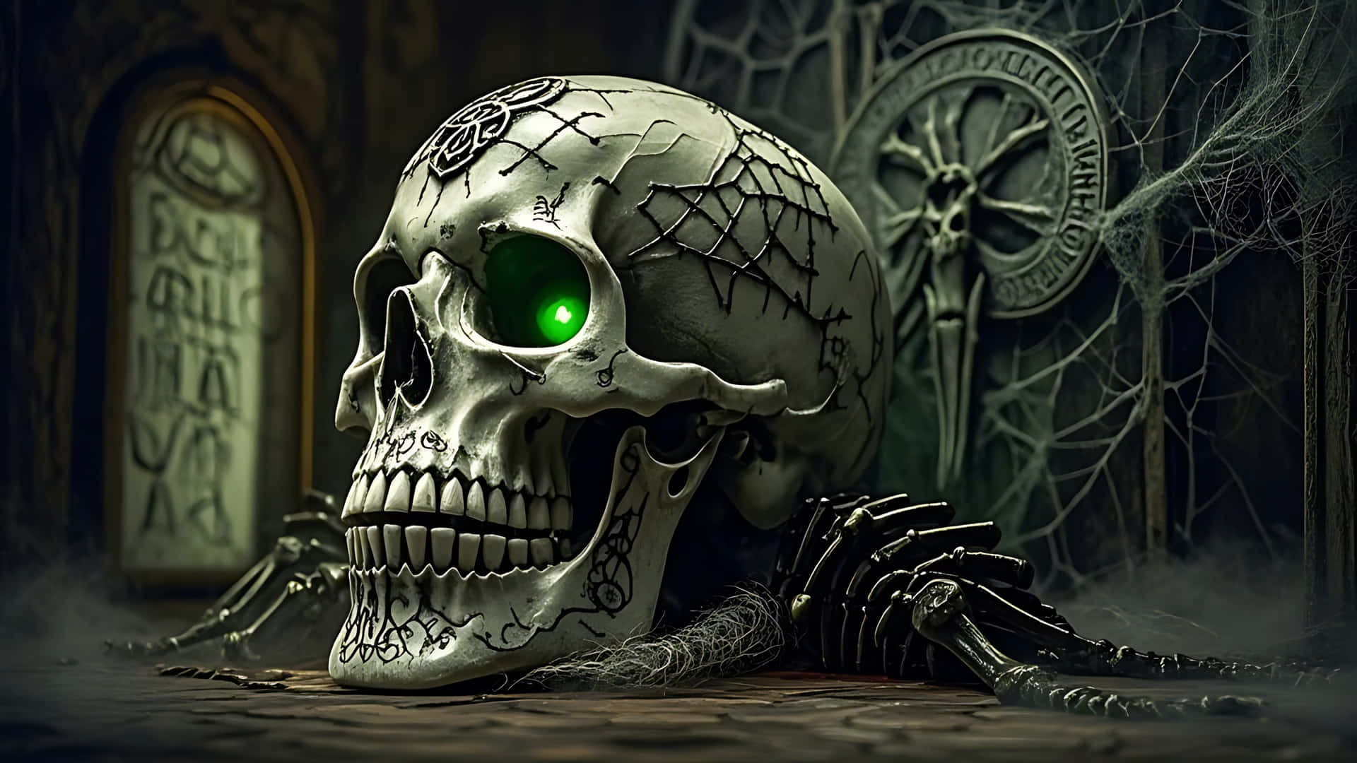 Demonic Skull with Possessed Aura. ghost wallpaper 壁紙 — 一個破裂的頭骨，帶有發光的綠色眼睛，躺在一個充滿蜘蛛網和骨骼遺骸的黑暗哥德式房間的木地板上。