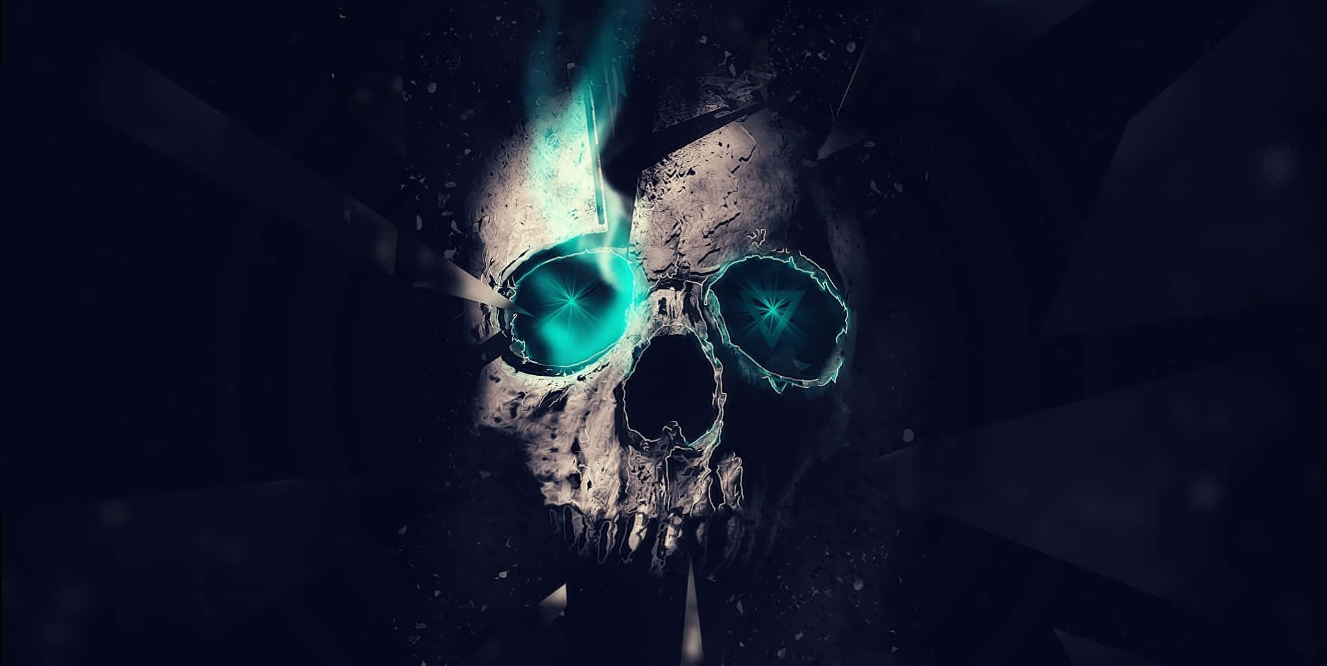 Cool Skull 桌布 壁紙 — 一個破裂的頭骨，帶有發光的青色眼睛，在黑暗的裂縫背景中散發出詭異的能量。