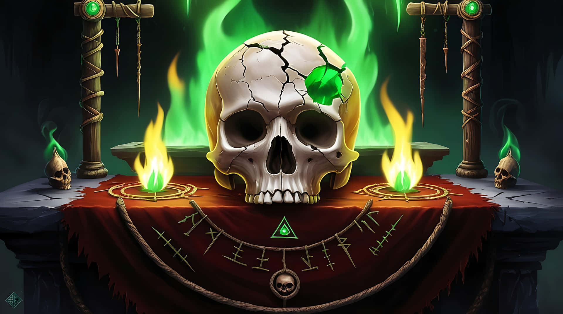 Skull of the Forgotten Ritual 壁紙 — 一個破裂的頭骨，眼睛裡有一顆發光的綠色寶石，放在一個被火焰和神秘符號包圍的紅色布祭壇上。