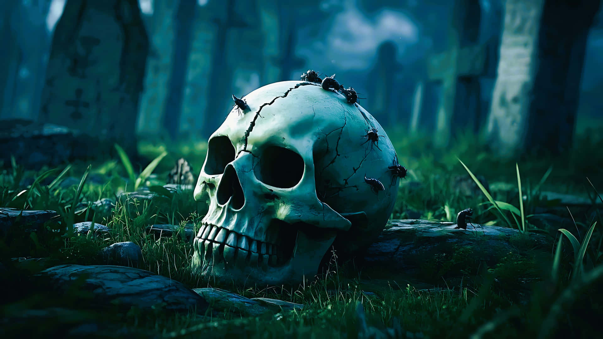 Tormented Skull with Crawling Insects. skull wallpaper 壁紙 — 一個破裂的頭骨上有爬行的昆蟲，躺在草地上，周圍是模糊的墓碑，在詭異的藍光下。