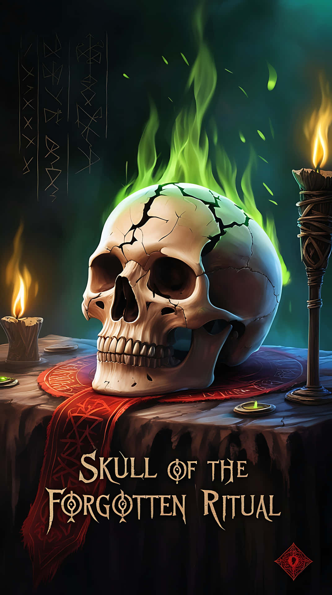 Skull of the Forgotten Ritual 壁紙 — 一個破裂的頭骨在儀式桌上發出綠色火焰，兩旁有燃燒的蠟燭和古老符號。