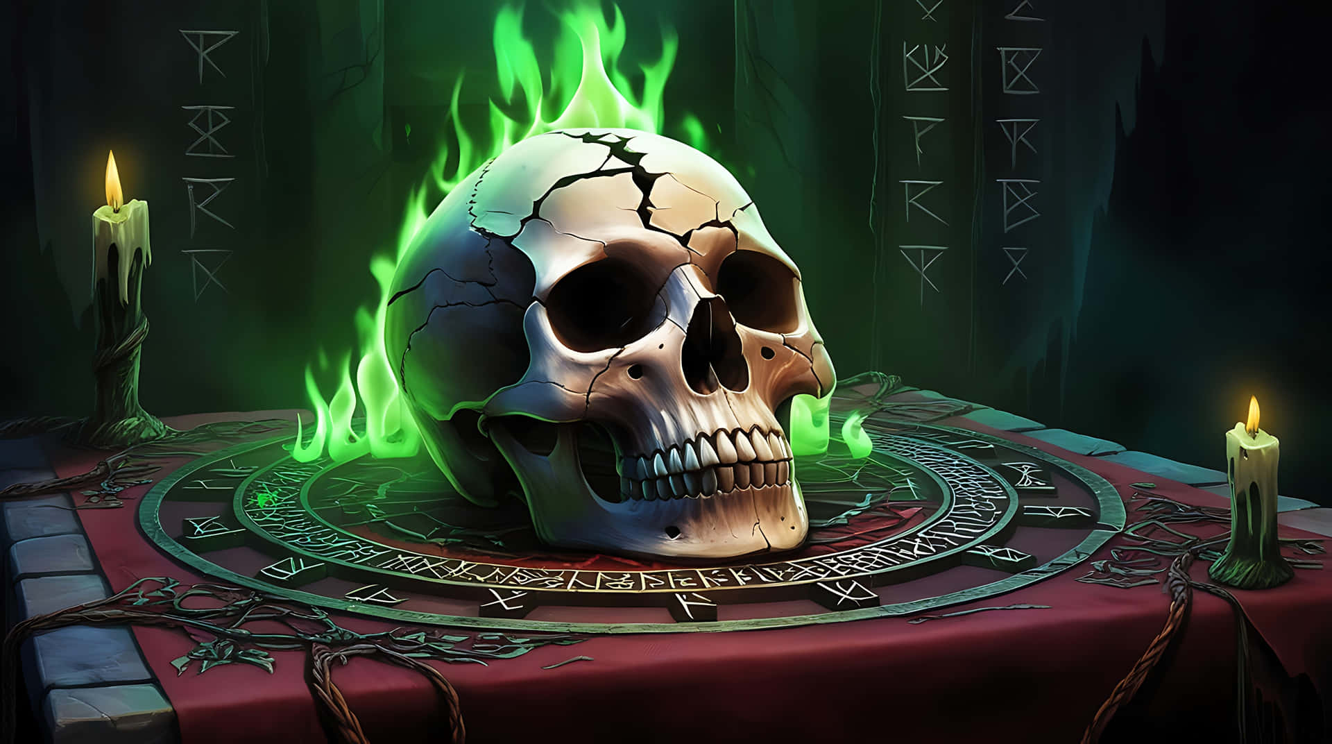 Skull of the Forgotten Ritual 壁紙 — 一個破裂的頭骨在刻有符文的圓圈上燃燒著綠色火焰，放在紅色布上，兩側有兩根點燃的蠟燭。