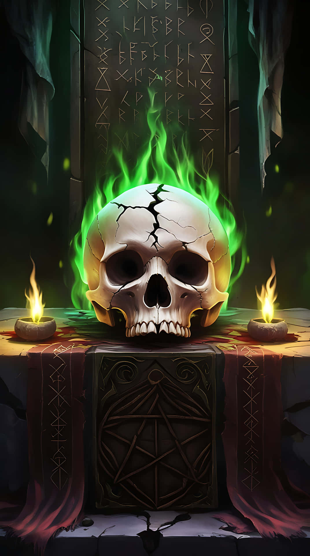 Skull of the Forgotten Ritual 壁紙 — 一個破裂的頭骨在石祭壇上發出綠色火焰，兩側有兩根點燃的蠟燭和古代符文。