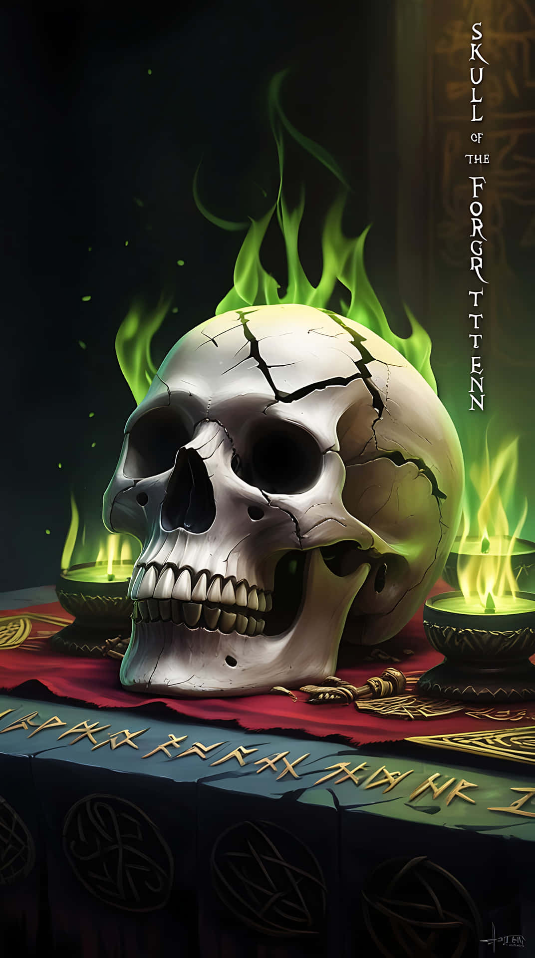 Skull of the Forgotten Ritual 壁紙 — 一個破裂的頭骨在紅布上發出綠色火焰，旁邊有發光的綠色蠟燭和符文。