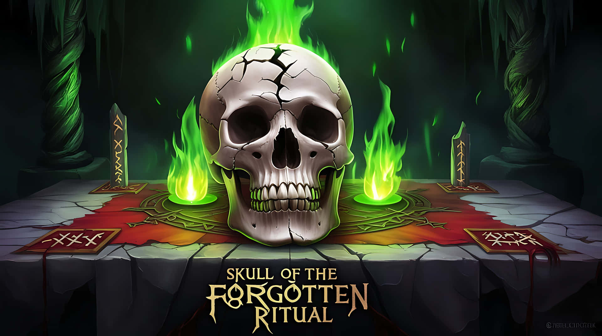 Skull of the Forgotten Ritual 壁紙 — 一個破裂的頭骨在黑暗洞穴中的石壇上發出綠色火焰，洞穴內有刻有符文的石板。