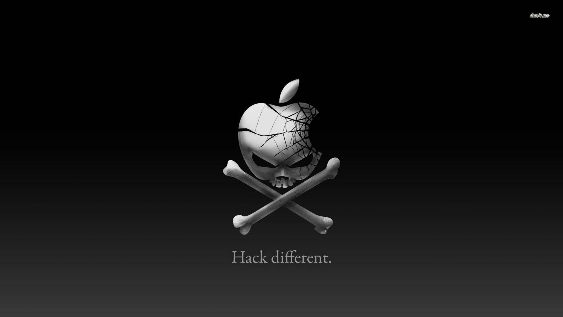 破裂頭骨Apple標誌，交叉骨頭，深色背景上文字Hack different — 蘋果標誌 GIF 壁紙