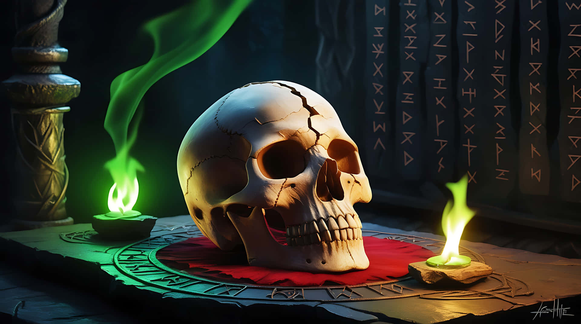 Skull of the Forgotten Ritual 壁紙 — 一個破裂的頭骨放在一塊紅布上，位於一個刻有符文的石圈上，兩側有綠色火焰和佈滿符文的柱子。