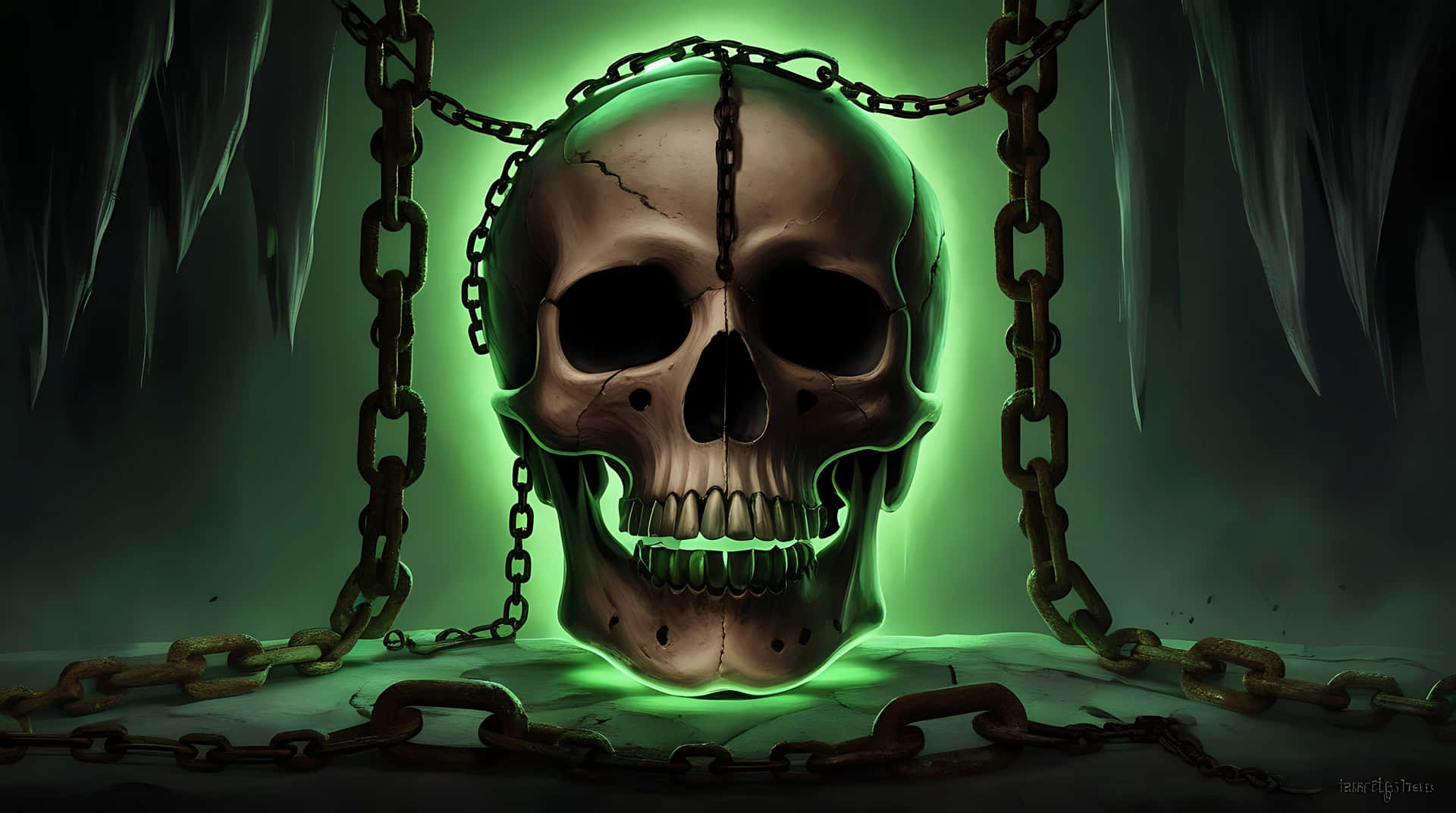 Cursed Skull in Chains of Darkness 壁紙 — 一個破裂的頭骨用鏈條懸掛在一個被詭異綠光照亮的黑暗洞穴中。
