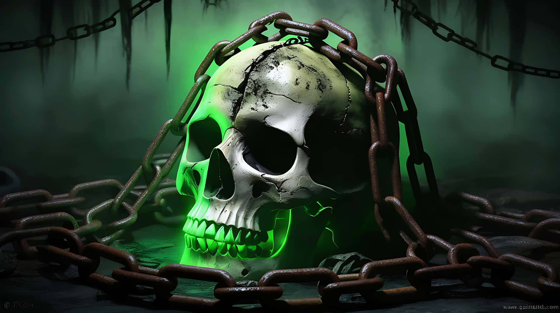 Cursed Skull in Chains of Darkness 壁紙 — 一個破裂的頭骨發出詭異的綠光，被沉重的生鏽鏈條包圍在黑暗迷霧的地牢中。