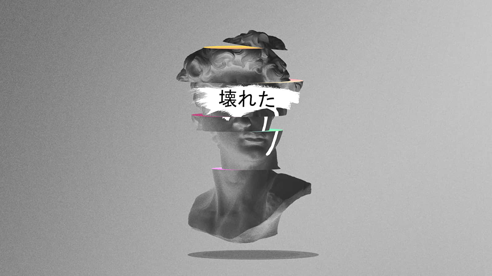 美學 桌布 壁紙 — 一個碎裂的古典半身像，帶有日文文字疊加和故障效果，背景為灰色。