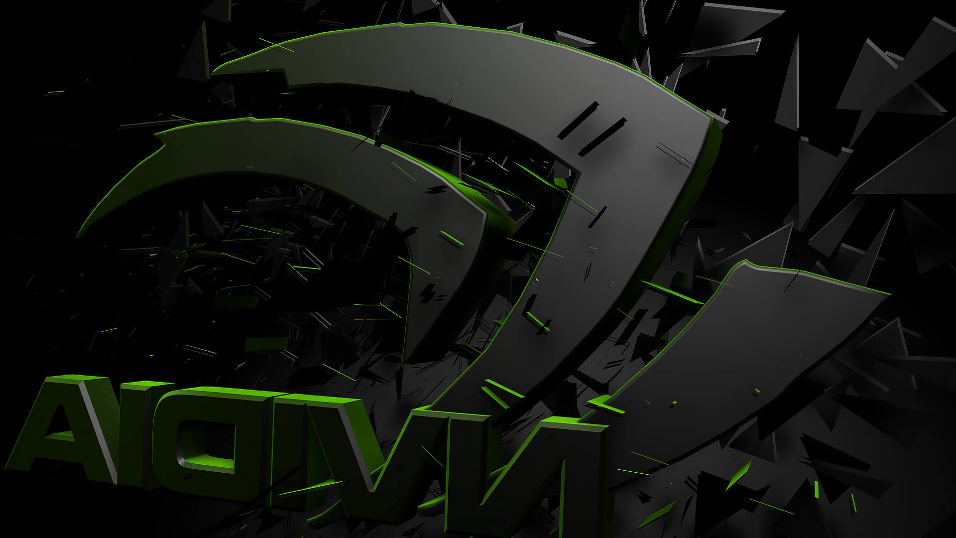 nvidia 桌布 壁紙 — 一個碎裂的黑色NVIDIA標誌，帶有發光的綠色邊緣和碎片，在深色背景上。