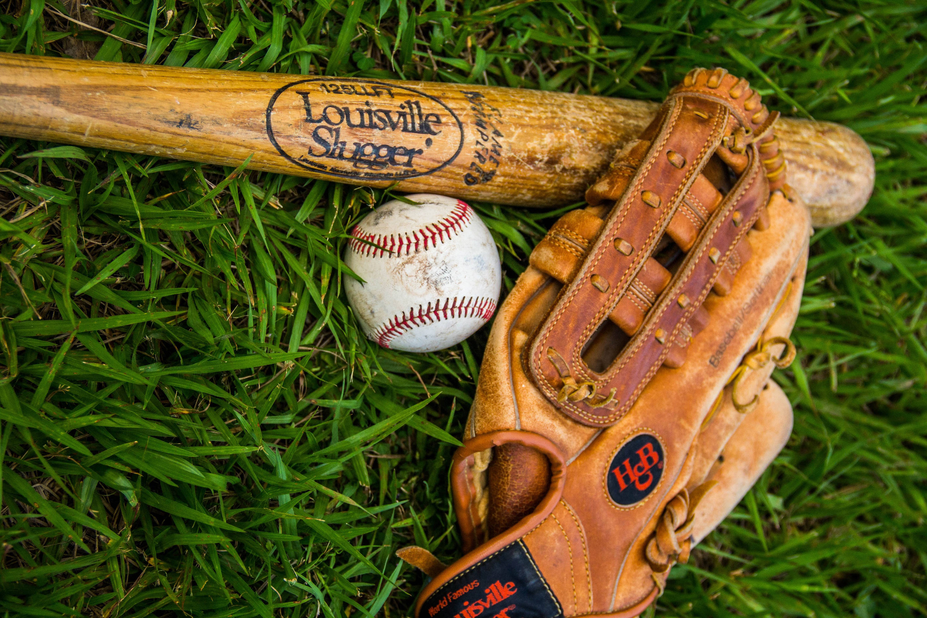 酷棒球 桌布 壁紙 — 一個磨損的Louisville Slugger棒球棒、手套和球在明亮的日光下放在鮮綠色的草地上。