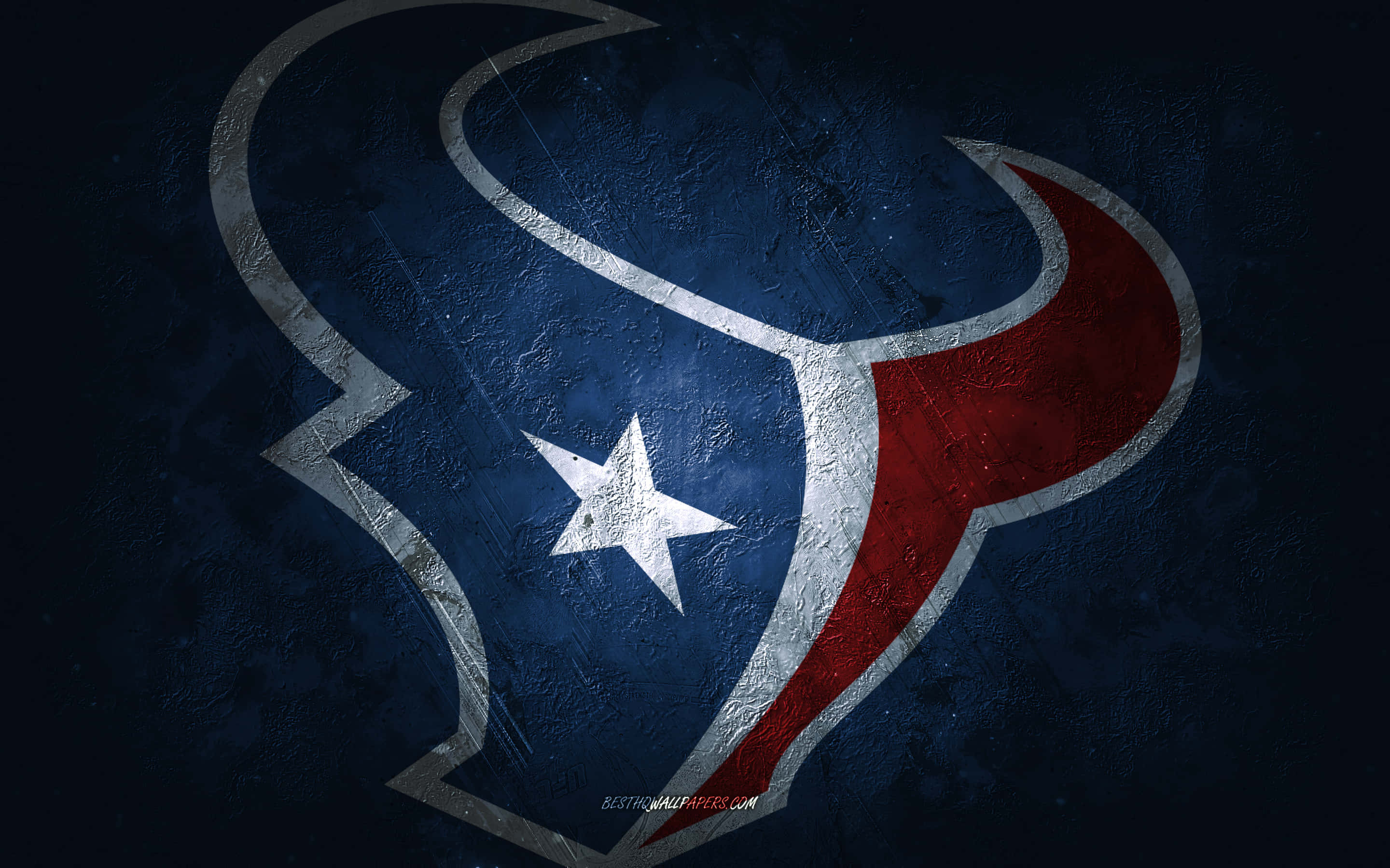 Houston Texans Logo 桌布 壁紙 — 一個磨損的休士頓德州人標誌，帶有星星和紅色角，在紋理深藍色背景上。