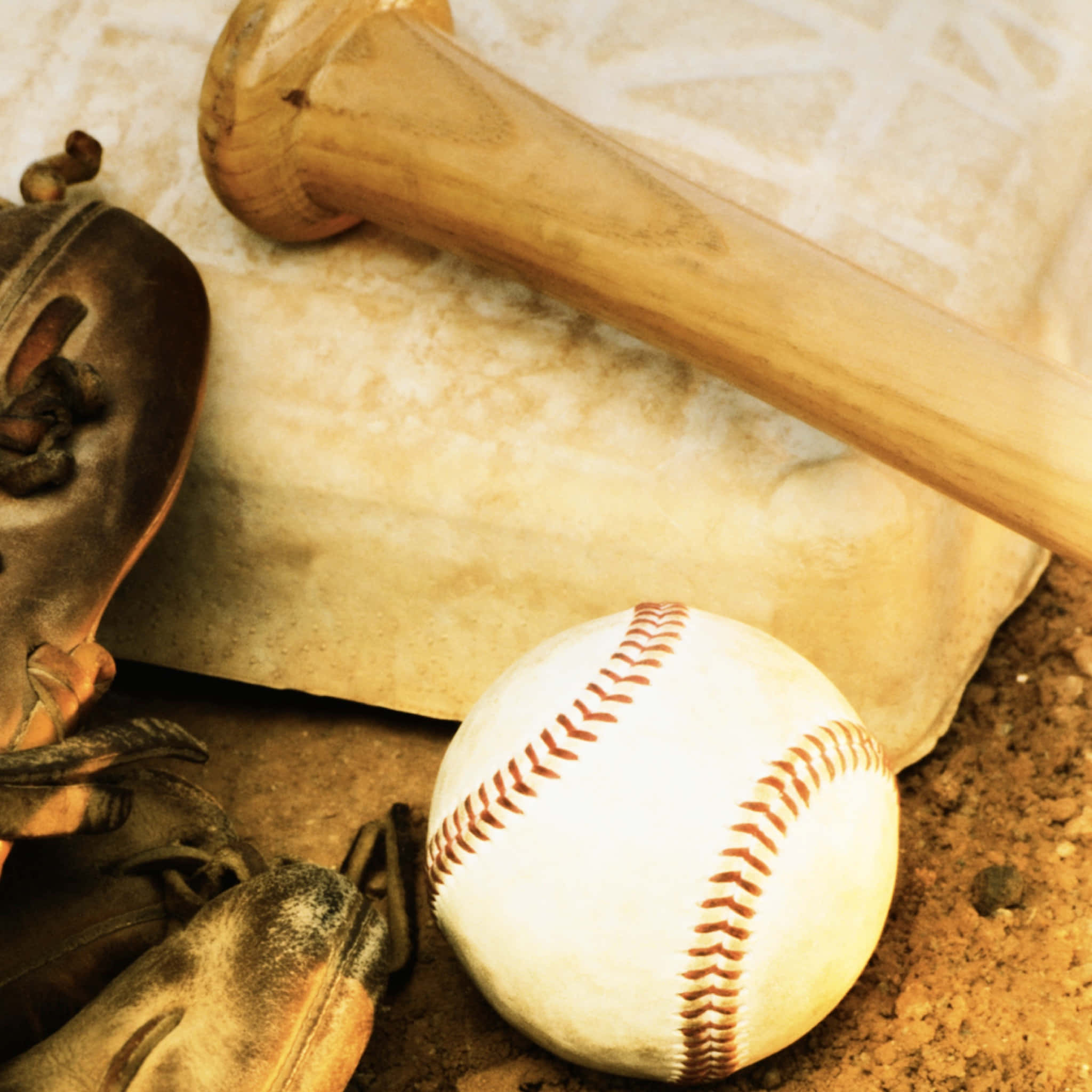 baseball bat 桌布 壁紙 — 一個磨損的棒球棒、手套和球在溫暖的金色光線下放在塵土飛揚的地面上。