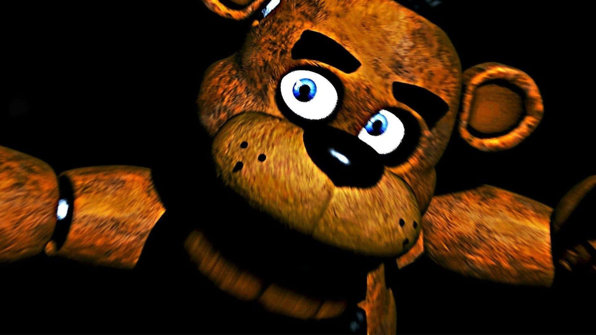 Fazbear Frights 桌布 壁紙 — 一個磨損的棕色機械熊在黑色背景上發出藍色光芒的威脅性特寫。