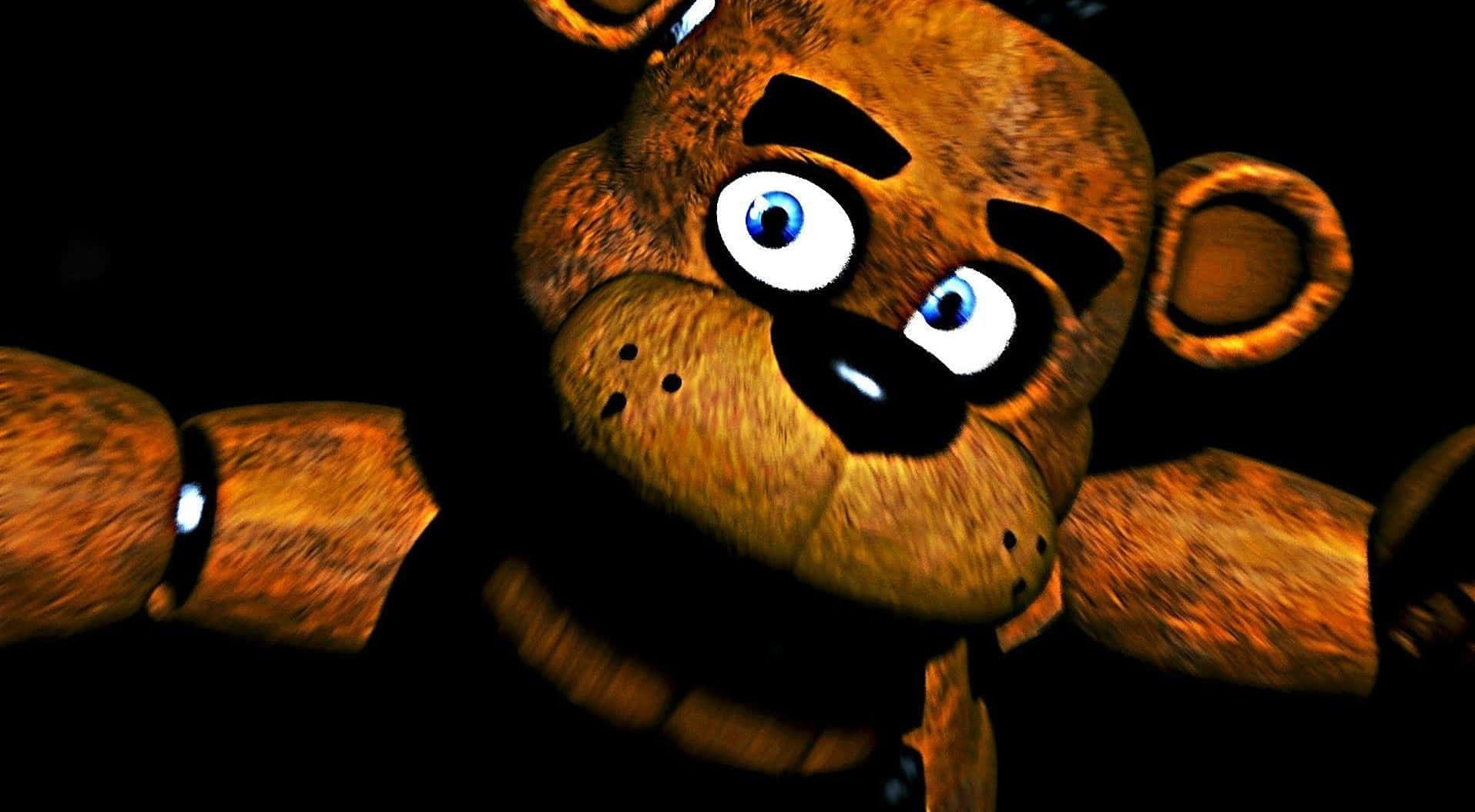 Freddy Fazbear 桌布 壁紙 — 一個磨損的棕色電子熊特寫，在黑色背景上發出藍色光芒的眼睛。