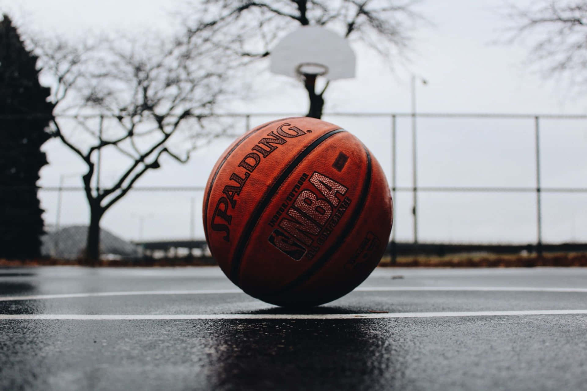  壁紙 — 一個磨損的橙色 Spalding NBA 籃球放在潮濕的戶外球場上，背景陰天，有籃框和光禿禿的樹木。