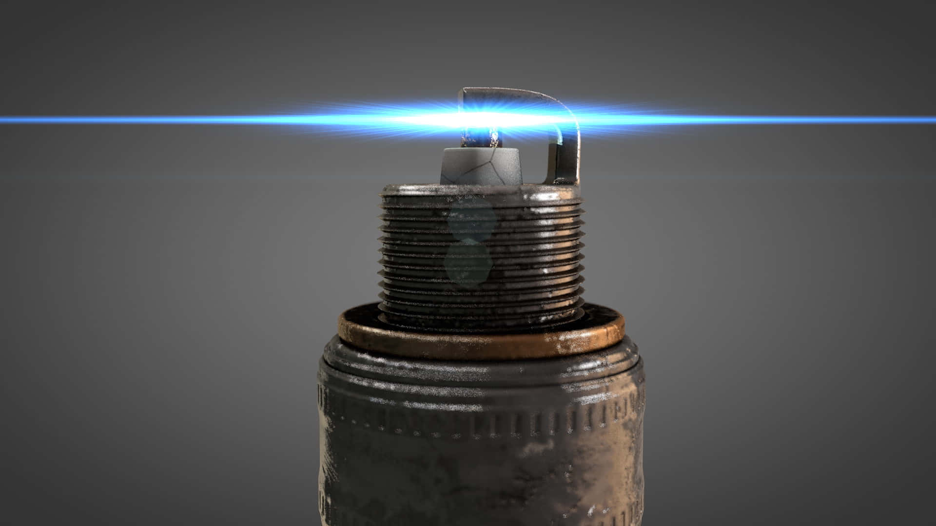 Spark Plug 桌布 壁紙 — 一個磨損的火星塞在灰色背景下發出明亮的藍色電弧的特寫。