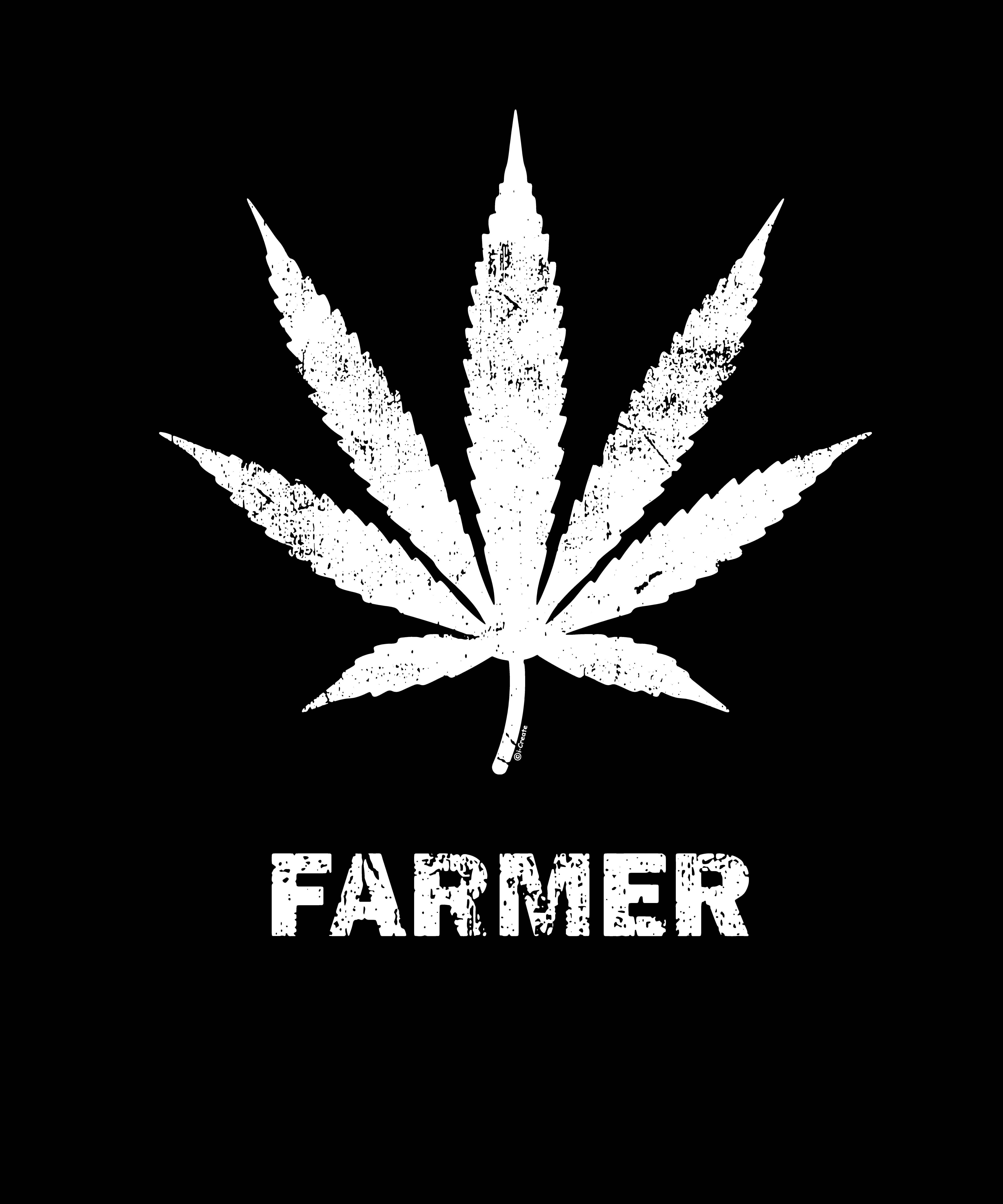 黑白 桌布 壁紙 — 一個磨損的白色大麻葉標誌，下方有 FARMER 字樣，背景為黑色。