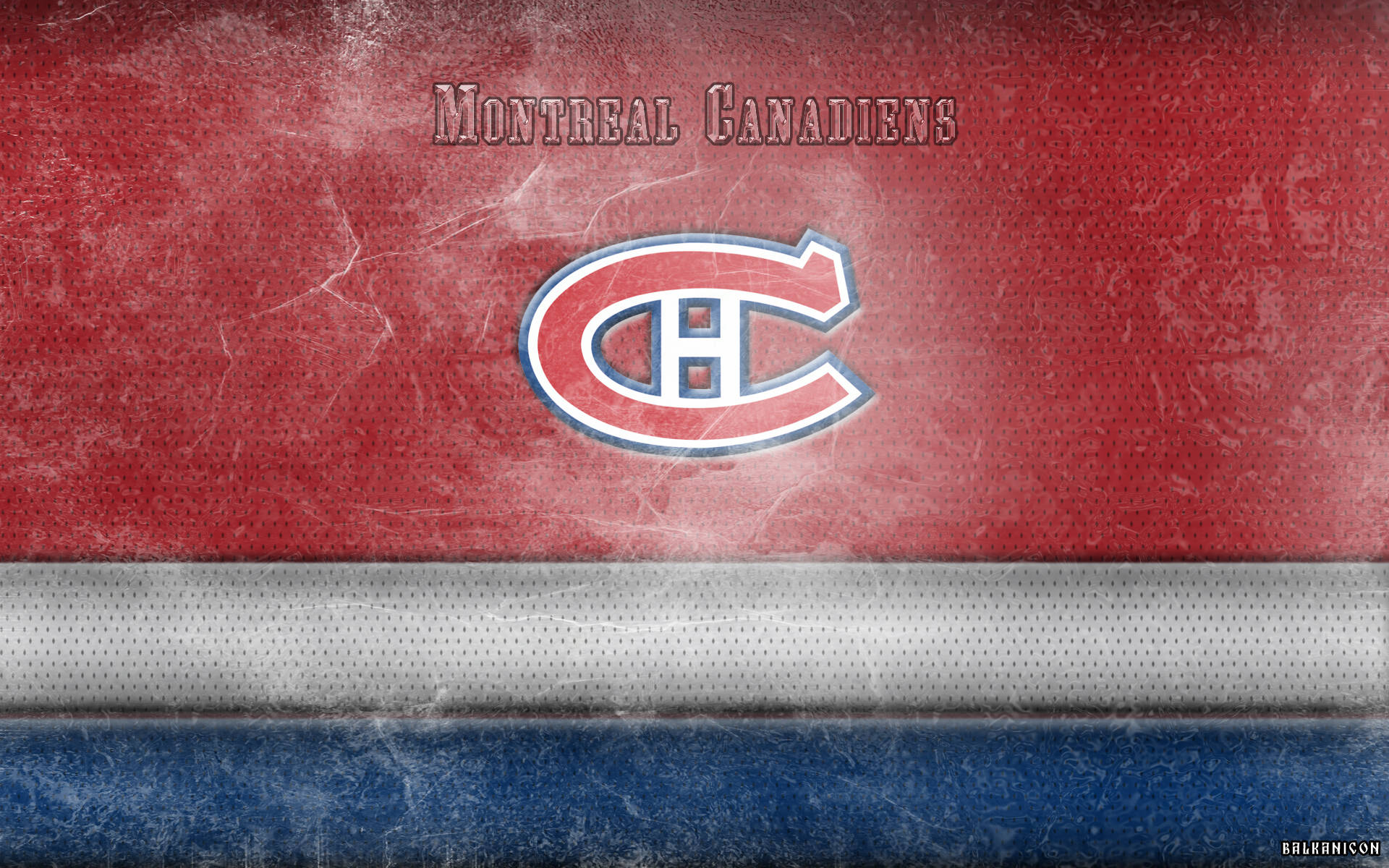 Canadiens 桌布 壁紙 — 一個磨損的紅白藍曲棍球球衣背景，上面有蒙特婁加拿大人隊的標誌和隊名。