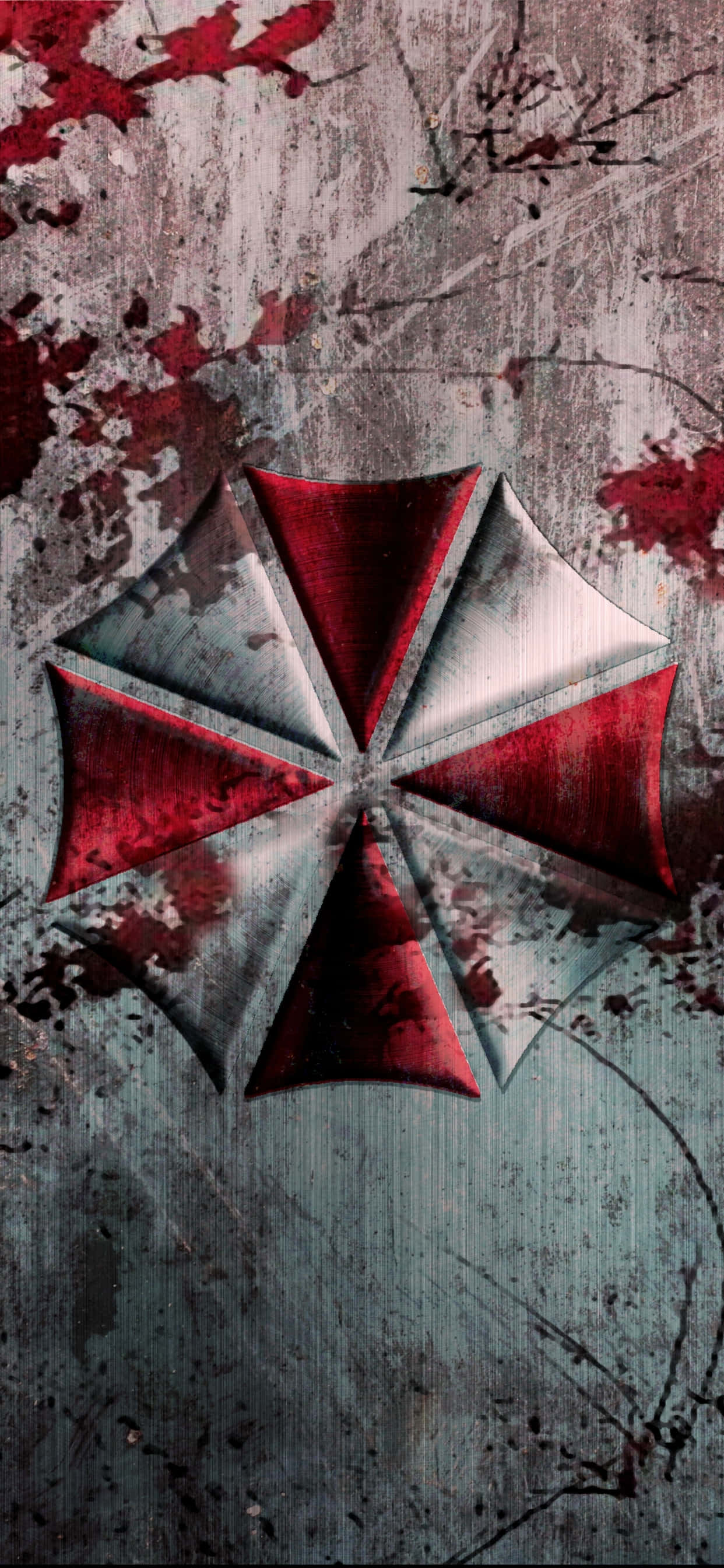 Resident Evil Characters 桌布 壁紙 — 一個磨損的紅色和銀色保護傘公司標誌，在粗糙的金屬表面上濺滿了血跡。