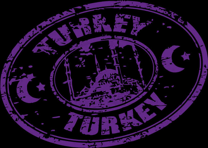 Stamp 桌布 壁紙 — 一個磨損的紫色橢圓形印章，上面有「TURKEY」文字和新月星符號，位於黑色背景上的清真寺剪影之上。