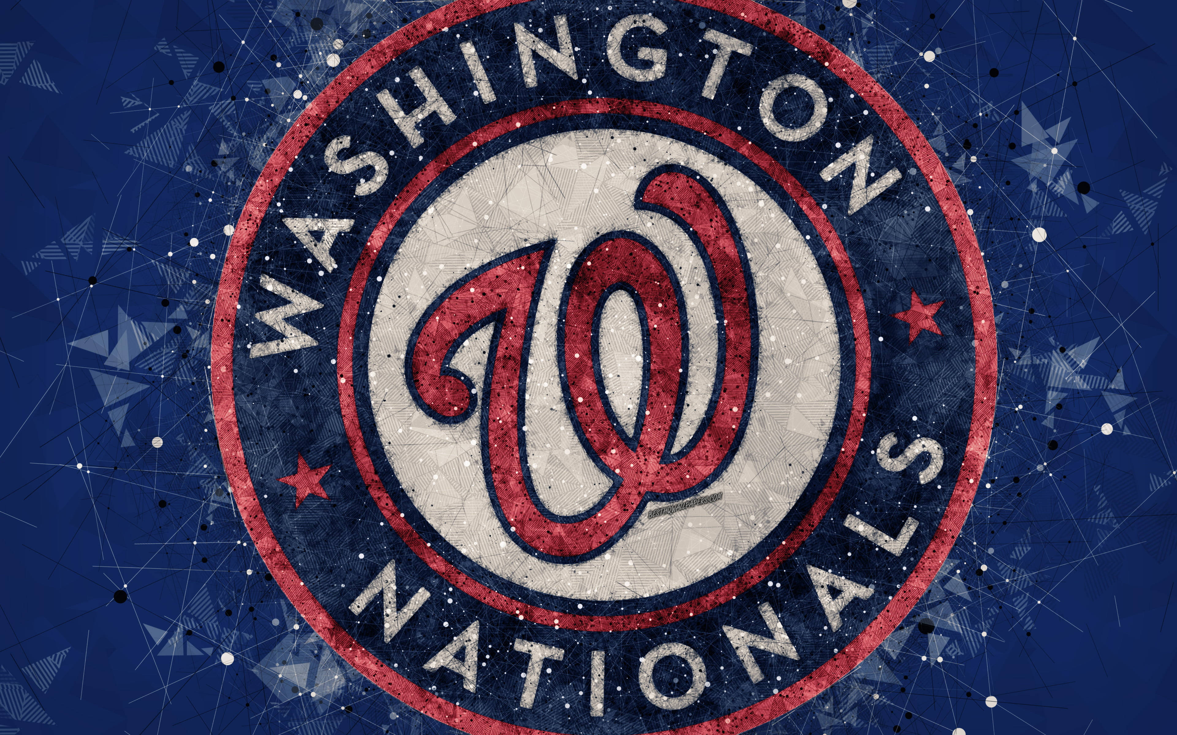Nationals 桌布 壁紙 — 一個磨損的華盛頓國民隊標誌，在深藍色幾何背景上有紅、白、藍三色星星。