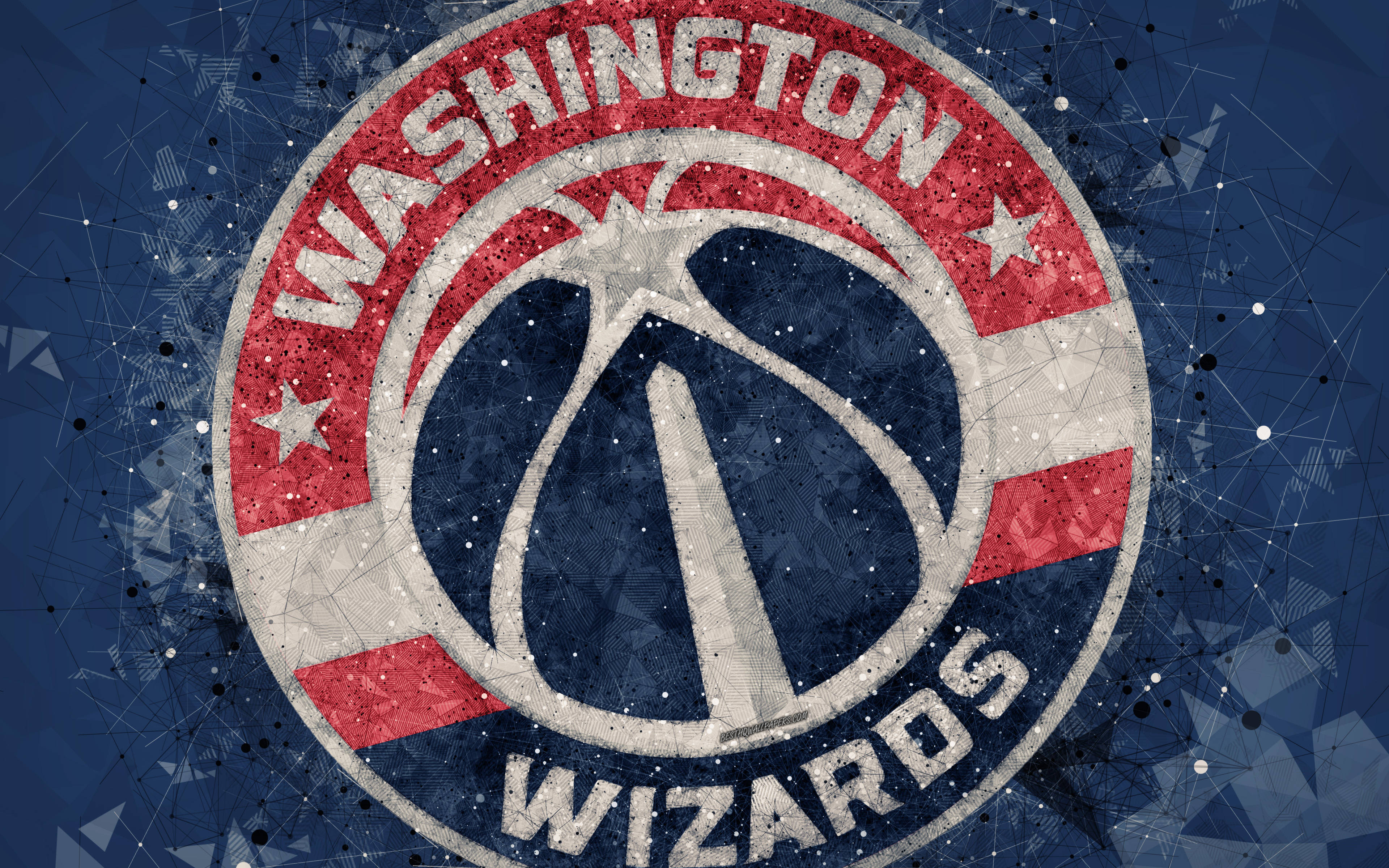 Wizards 桌布 壁紙 — 一個磨損的華盛頓巫師籃球標誌，帶有紅、白、藍星星，置於深藍色幾何背景上。