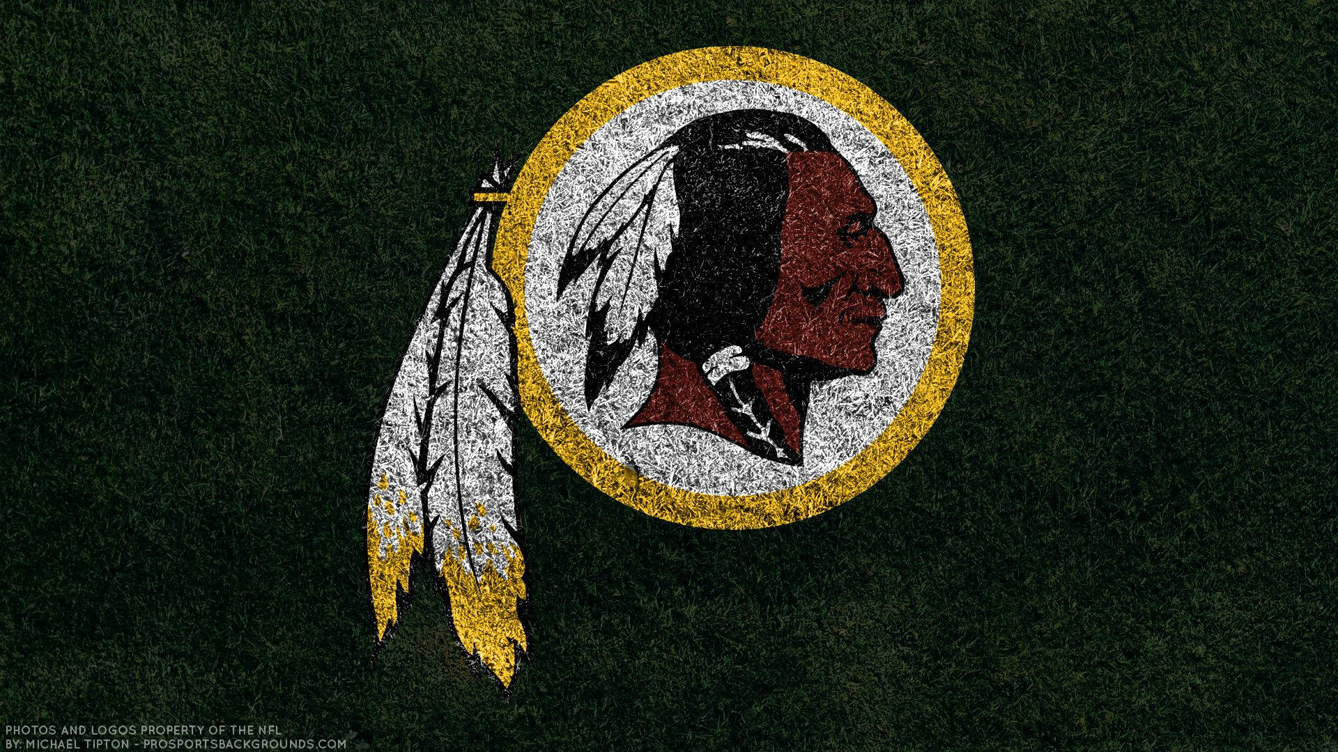 NFL Teams 桌布 壁紙 — 一個磨損的華盛頓紅皮隊標誌，上面有美洲原住民側面和羽毛，位於深綠色草地紋理上。