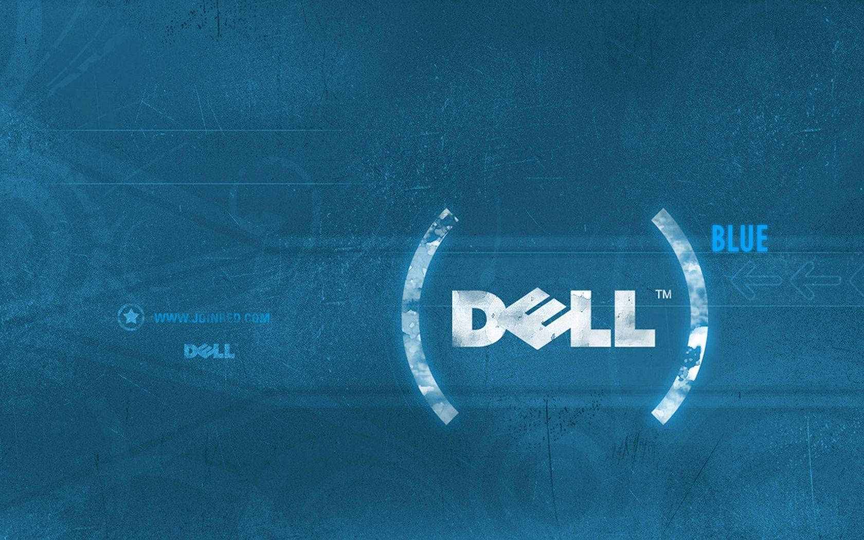 dell HD 桌布 壁紙 — 一個磨損的藍色背景上，有一個發光的白色Dell標誌，由彎曲的數位線條框住，帶有模糊的文字和箭頭。