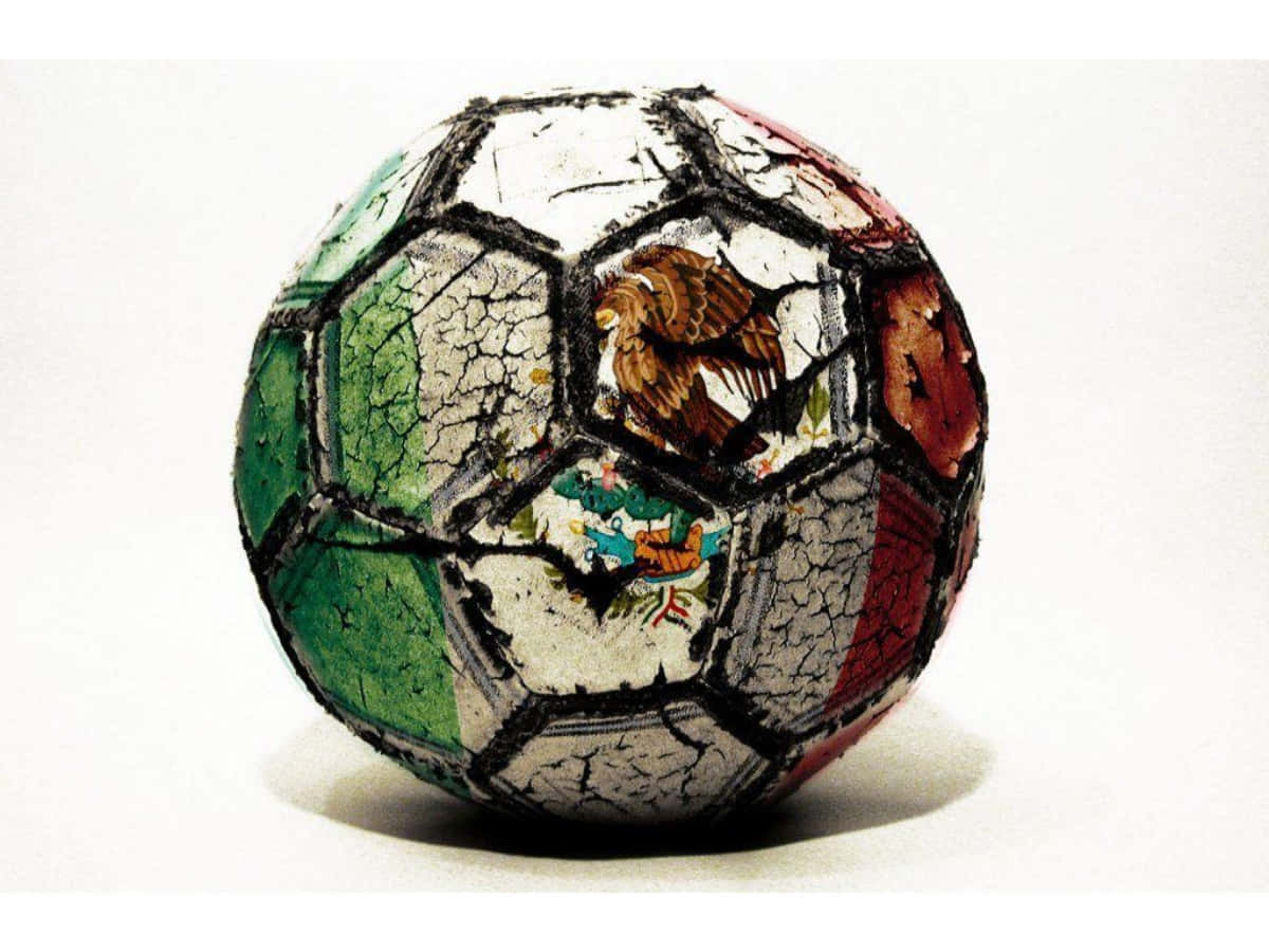 Mexico Soccer 桌布 壁紙 — 一個磨損的足球，油漆裂開，露出墨西哥國徽，背景為純白色。