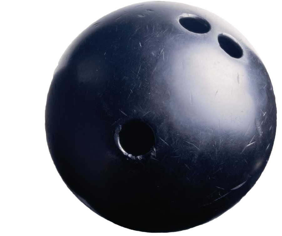 Bowling Ball 桌布 壁紙 — 一個磨損的黑色保齡球特寫，有三個指孔和可見的刮痕，背景為純白色。