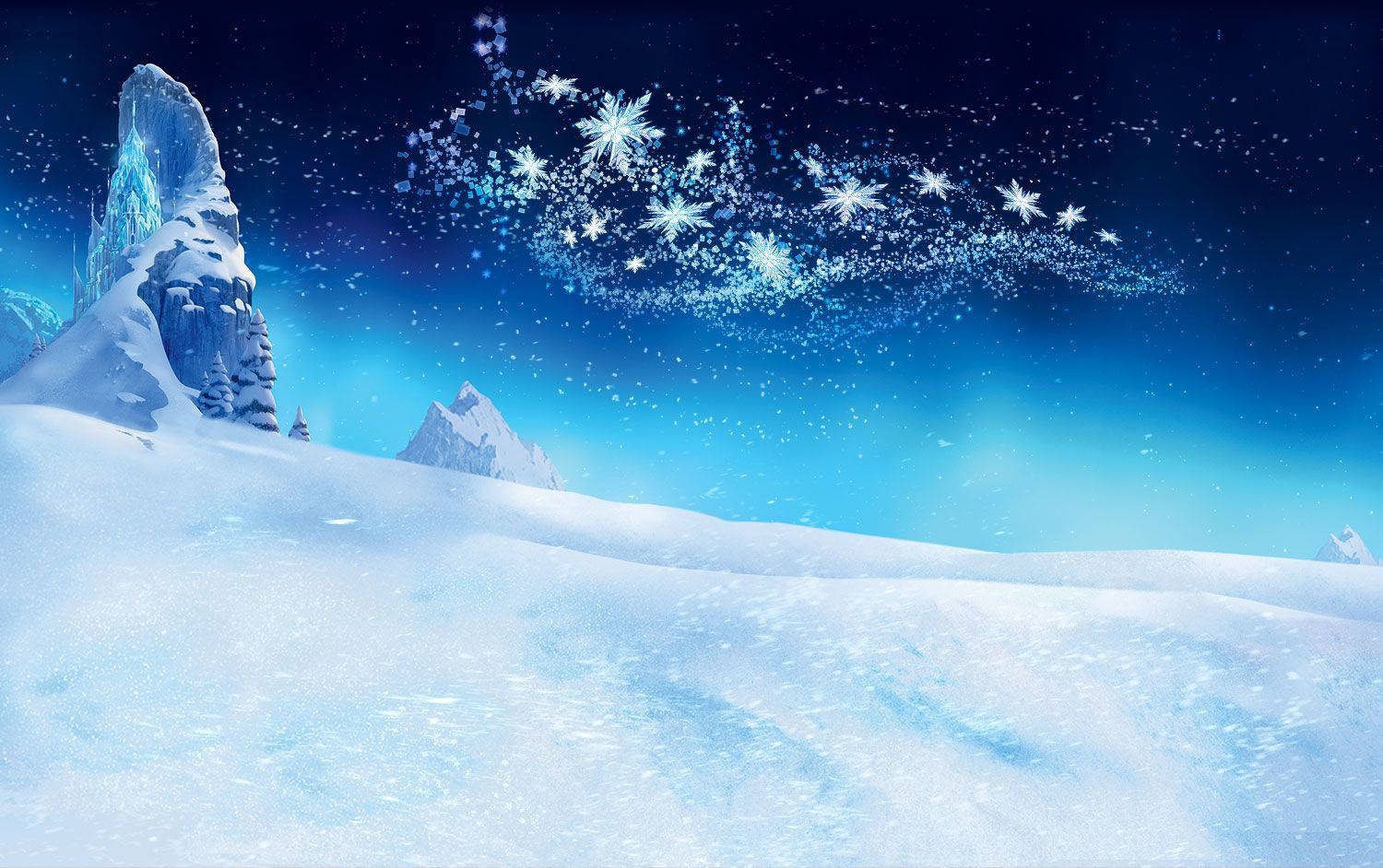 Frozen Castle 桌布 壁紙 — 一個神奇的冬夜，白雪覆蓋的山脈在充滿發光雪花和星星的天空下。