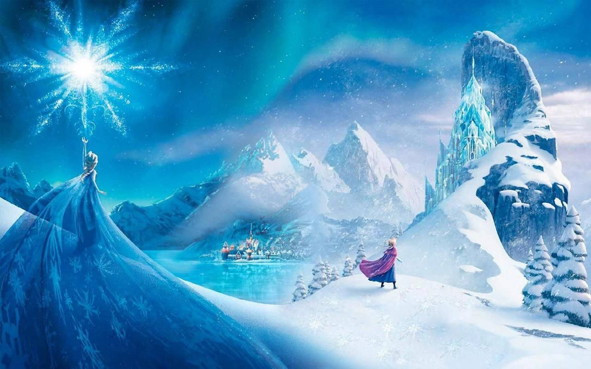 冰雪城堡 桌布 壁紙 — 一個神奇的冬季場景，艾莎在星空下創造冰魔法，而安娜站在冰城堡和積雪覆蓋的山脈附近。