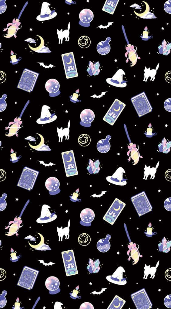 Witchy Phone 桌布 壁紙 — 一個神奇的壁紙圖案，包含女巫帽、蝙蝠、塔羅牌和彎月，背景是星光閃爍的黑色。