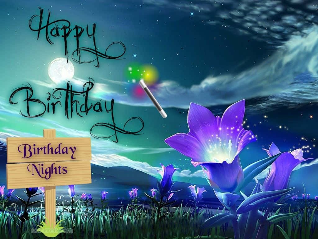 生日快樂 桌布 壁紙 — 一個神奇的夜晚場景，有發光的紫色花朵、滿月和星空下的生日標誌。
