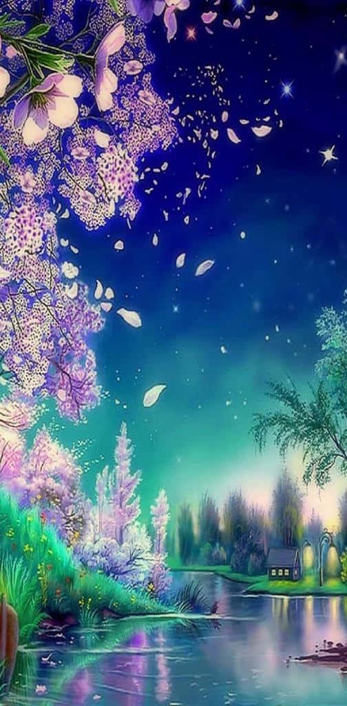 Night Cherry Blossom 桌布 壁紙 — 一個神奇的夜景，發光的櫻花漂浮在星空之上，下方是寧靜的河流和小屋。