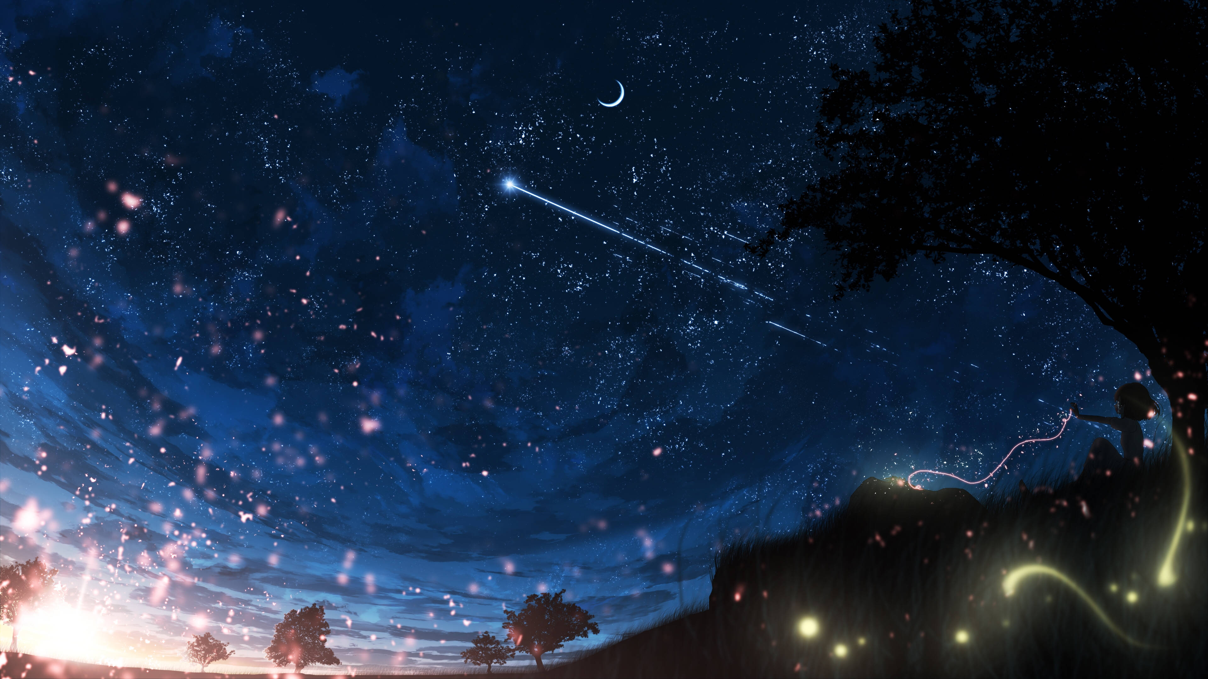 Shooting Star 桌布 壁紙 — 一個神奇的夜空，有新月和流星，在螢火蟲閃爍的剪影景觀上方。