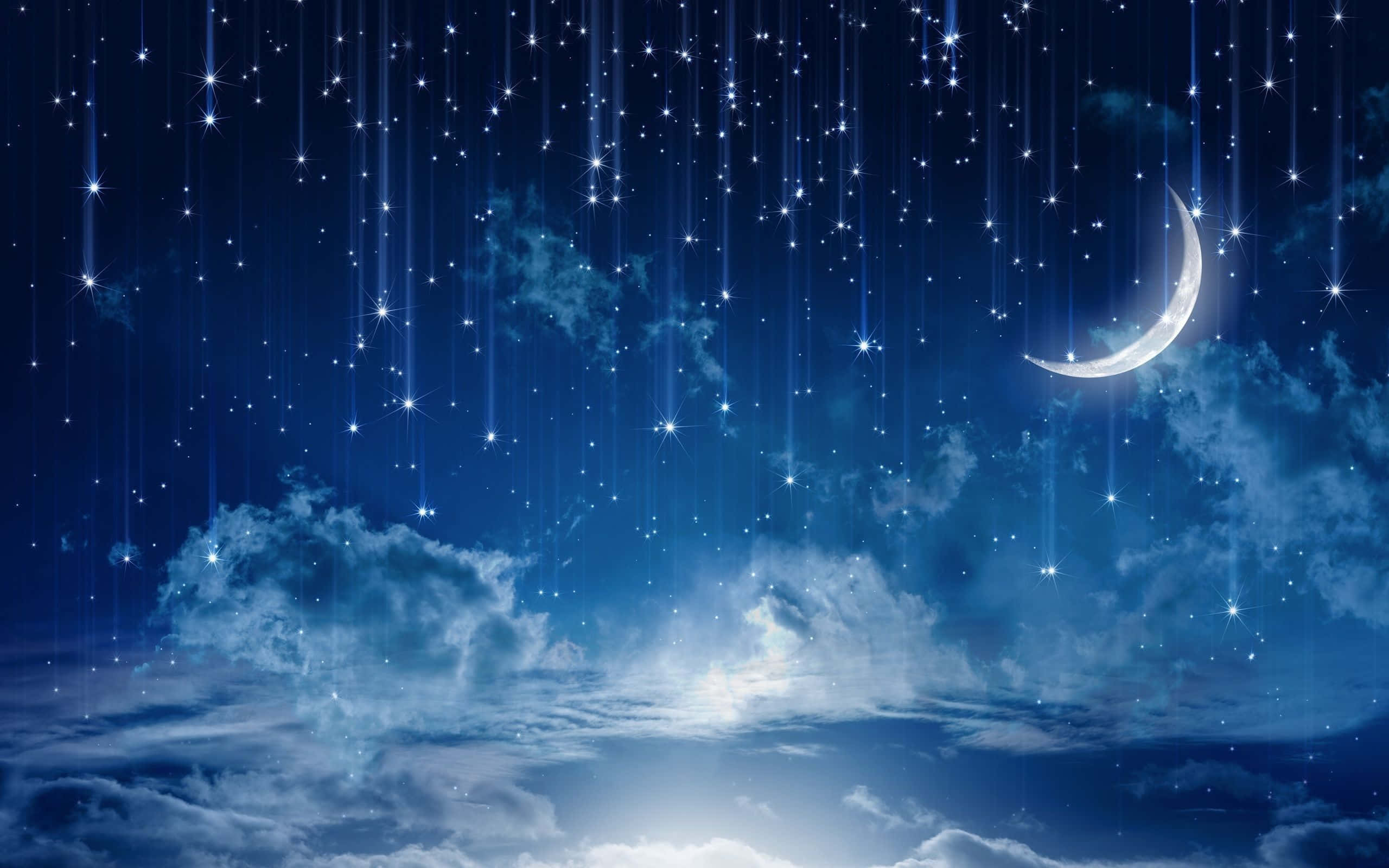 月亮與星星 桌布 壁紙 — 一個神奇的夜空，有新月和閃爍的星星穿過柔軟的藍色雲層如雨般落下。