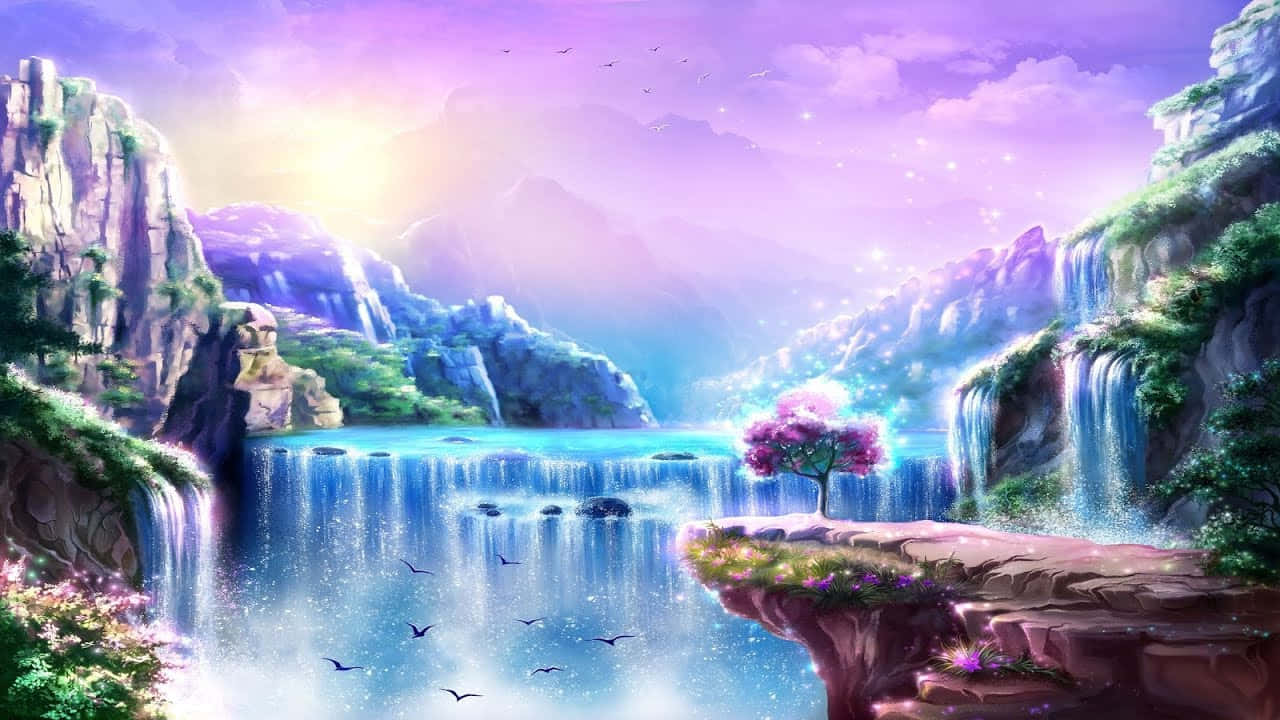 Beautiful Heaven 桌布 壁紙 — 一個神奇的峽谷，有層疊的瀑布和一棵孤獨的粉紅色樹，在紫色日落天空下發光。