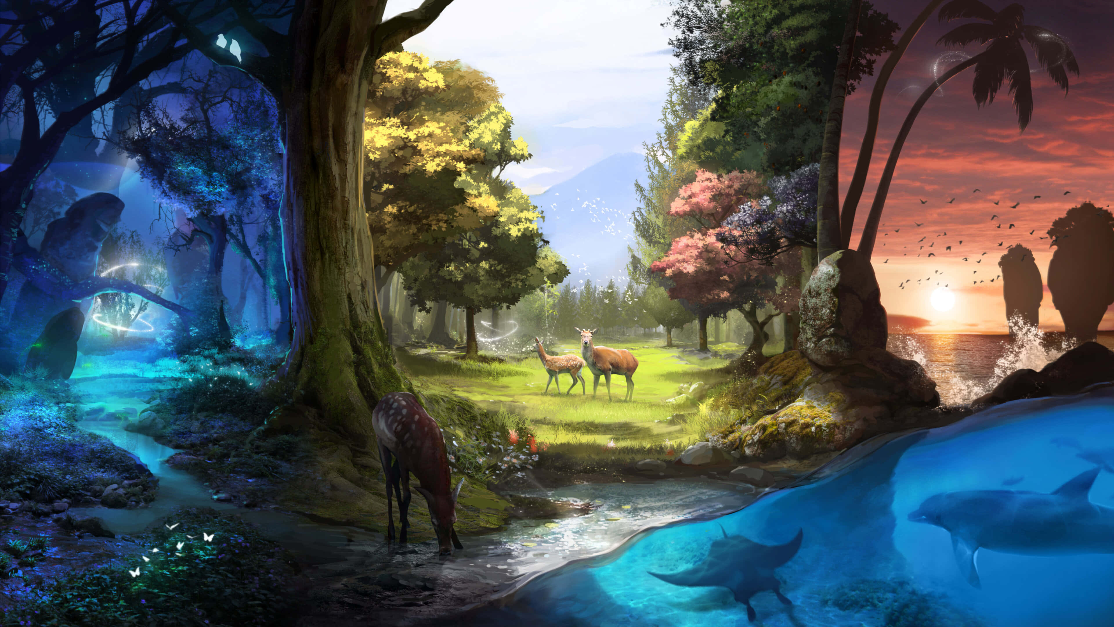 桌布 壁紙 — 一個神奇的森林場景，鹿在發光的小溪附近吃草，海豚在日落天空下的碧綠海水中游泳。