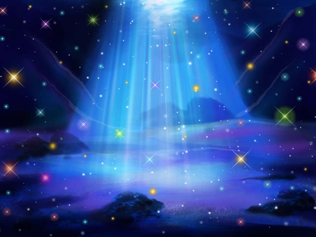 魔法動圖 桌布 壁紙 — 一個神奇的水下場景，有輻射藍色光束和閃爍的星星照亮黑暗的岩石 formations。