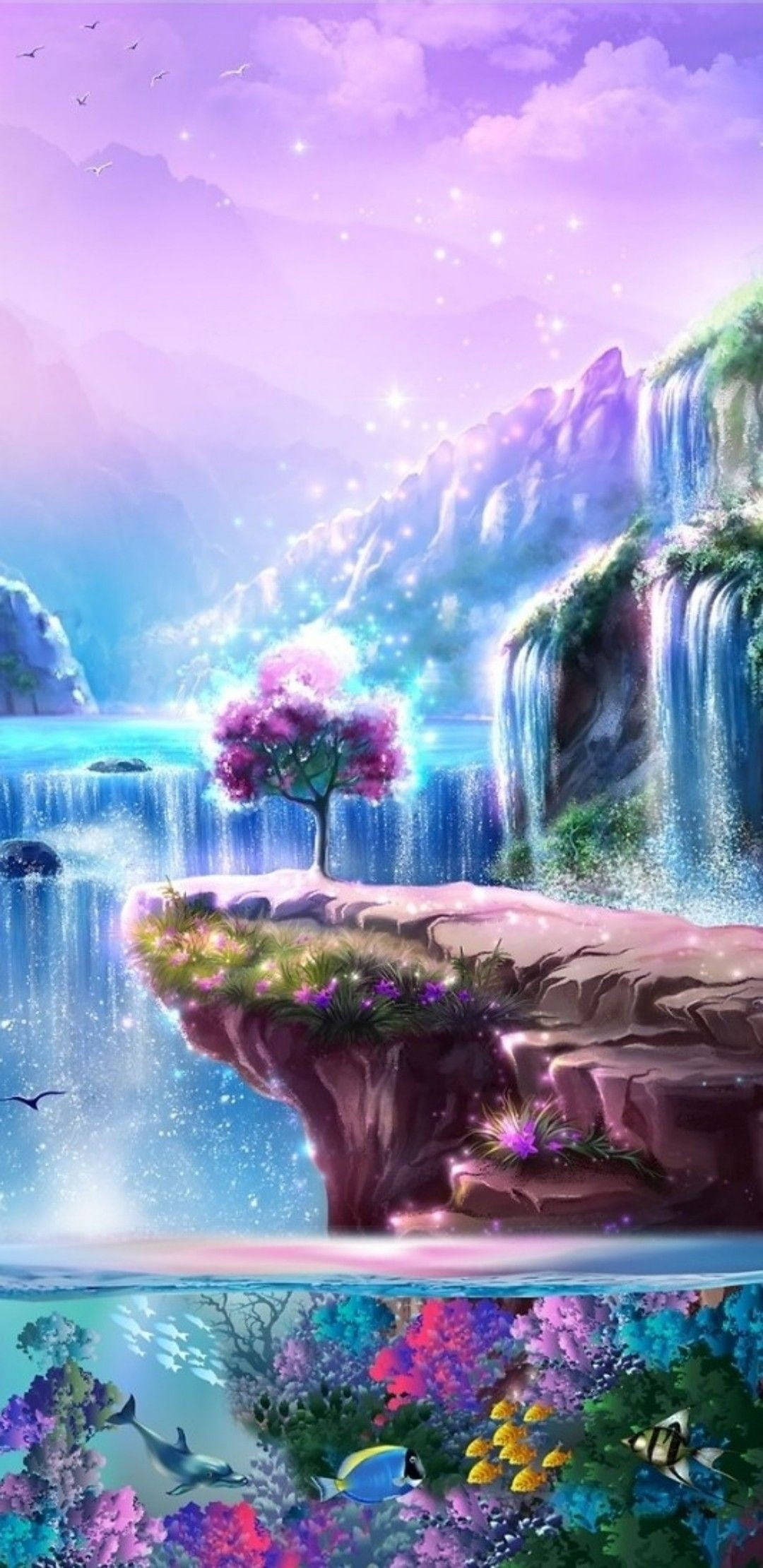 Multicolor 桌布 壁紙 — 一個神奇的浮島，上面有發光的樹和瀑布，俯瞰著充滿魚類的 vibrant 海底珊瑚礁。