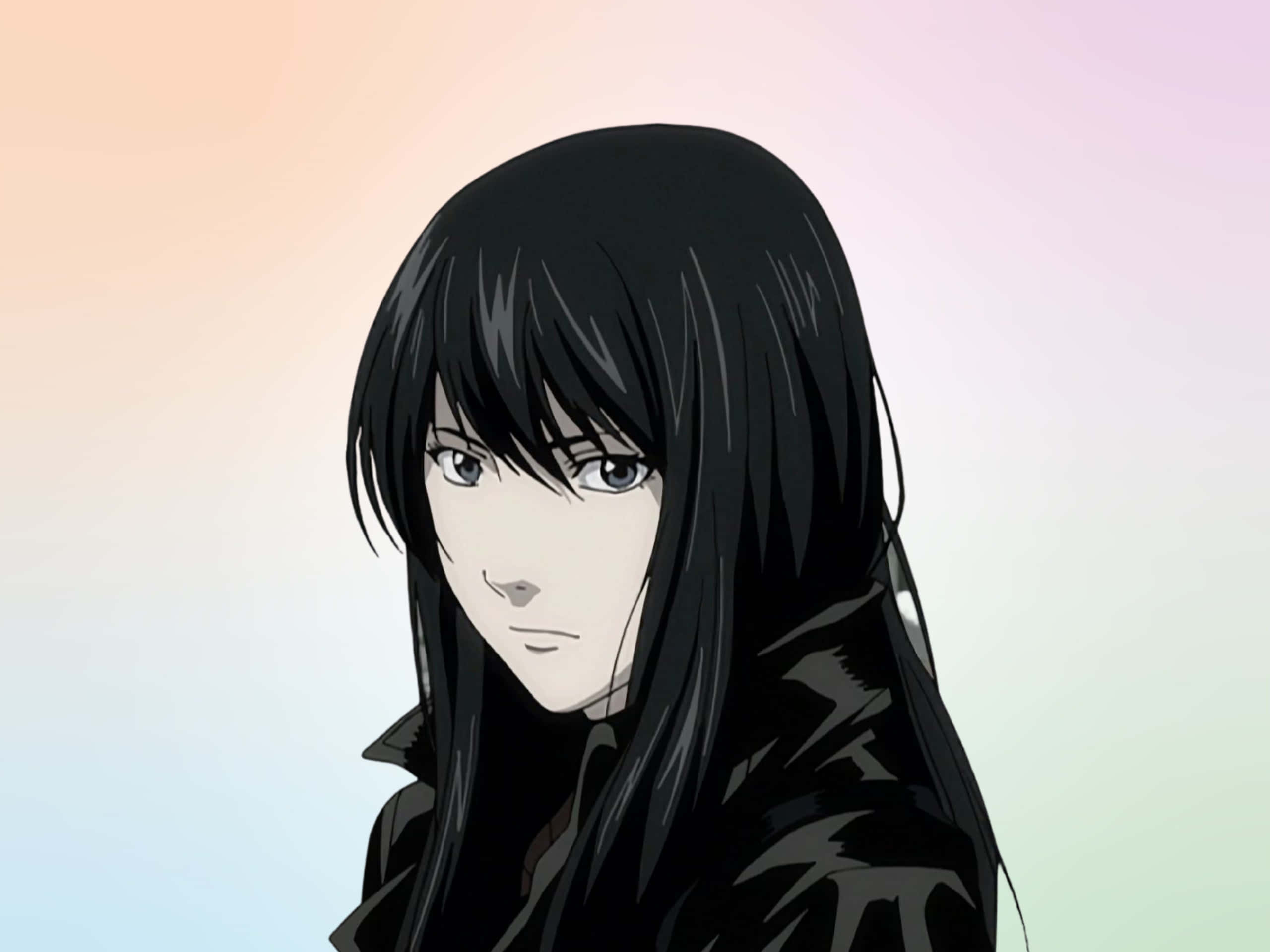 Naomi Misora 桌布 壁紙 — 一個神情肅穆的動漫女孩，長長的黑髮和深色外套，在柔和粉彩漸變背景前凝視前方。