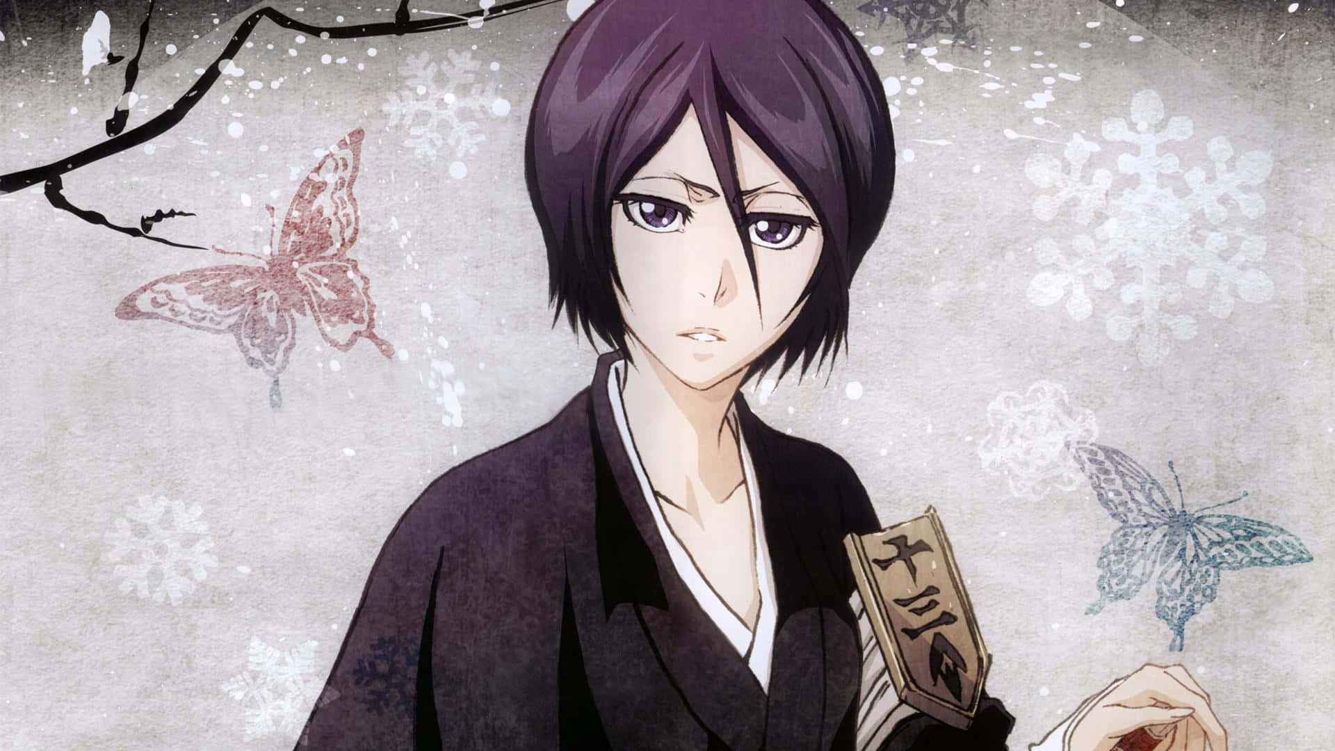 Rukia Kuchiki 桌布 壁紙 — 一個神情肅穆的短黑髮動漫女孩拿著一本書，雪花和蝴蝶在她周圍飄舞，構成一個柔和的冬季場景。