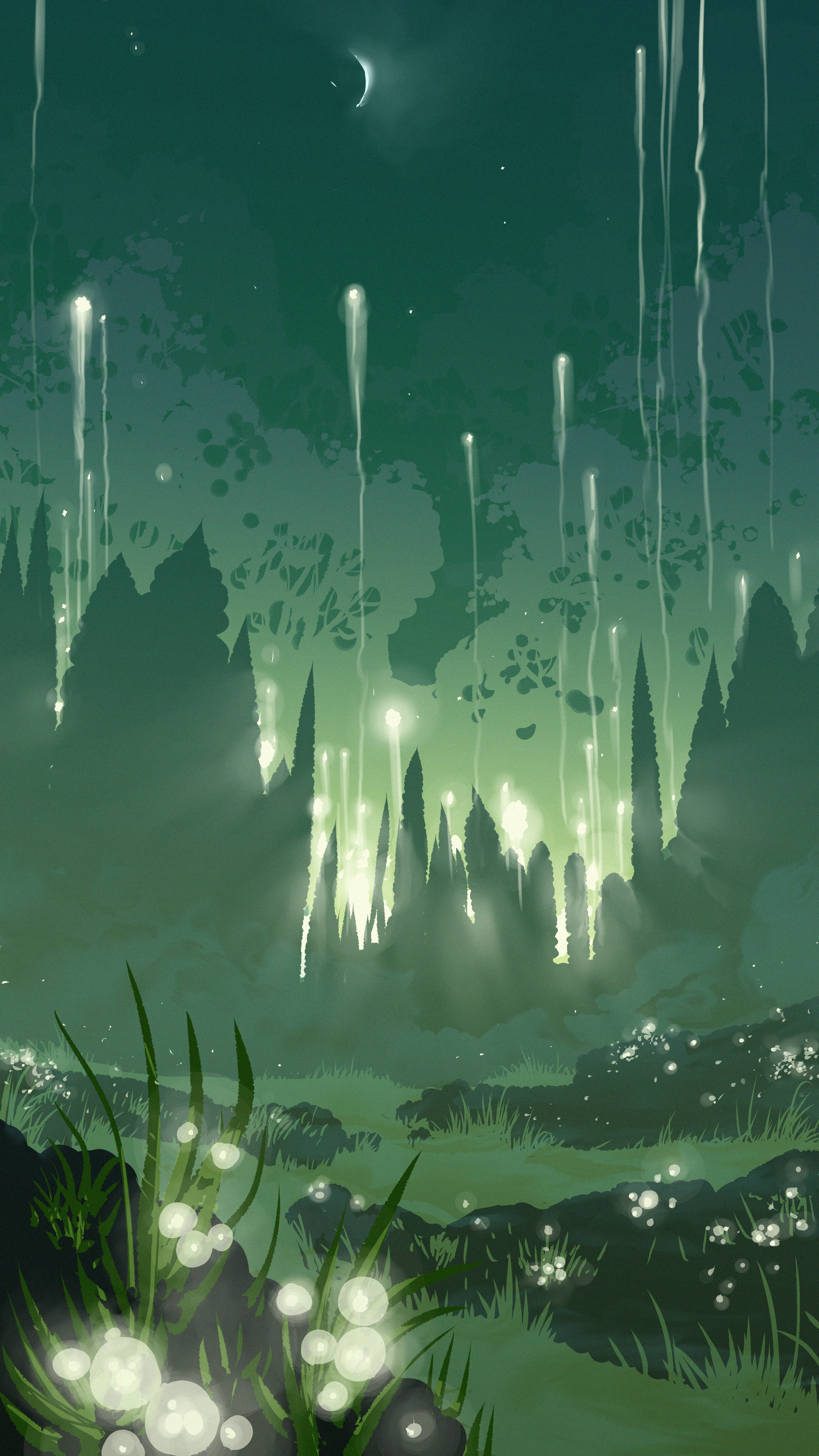 風景 桌布 壁紙 — 一個神祕的夜晚森林，發光的綠色卷鬚從新月照耀的天空中垂落，落在生物發光的植物上。
