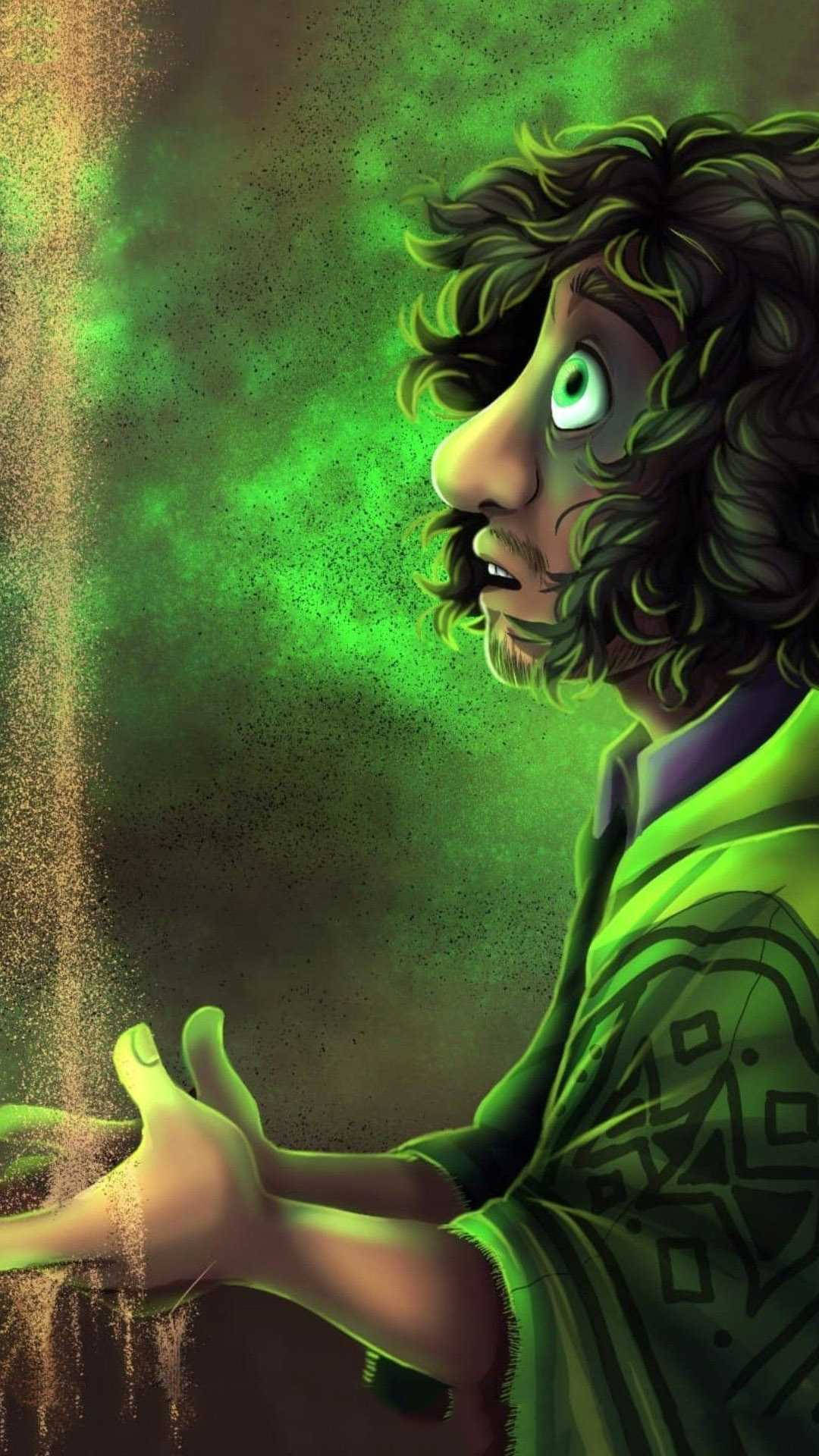 Bruno Madrigal 桌布 壁紙 — 一個神秘人物，擁有發光的綠色眼睛和捲曲的頭髮，在旋轉的綠色背景中引導金色沙粒。