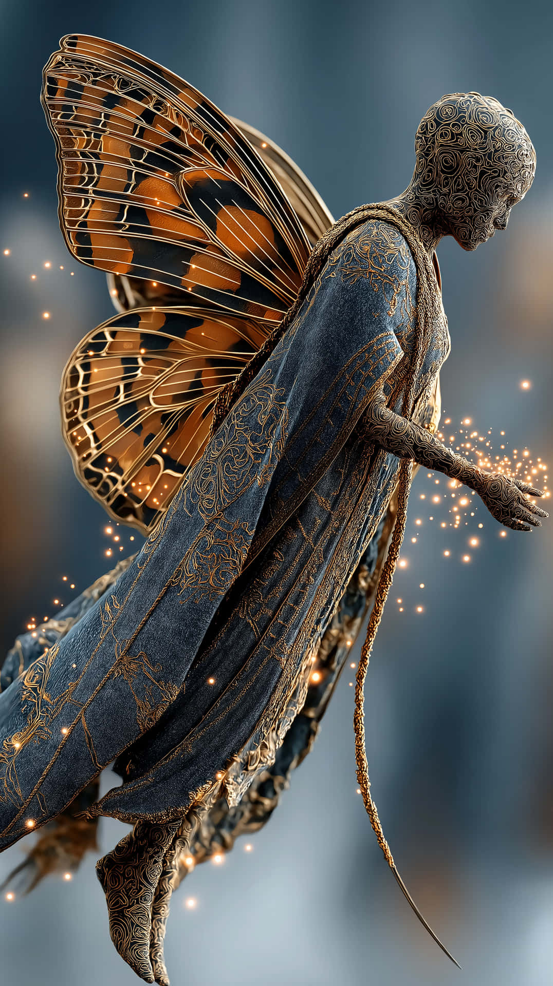 Elegant Butterfly Fairy Emitting Golden Sparkles 壁紙 — 一個神秘人物，擁有精緻的蝴蝶翅膀和金色花絲長袍，在模糊的藍色背景上漂浮在發光的粒子中。